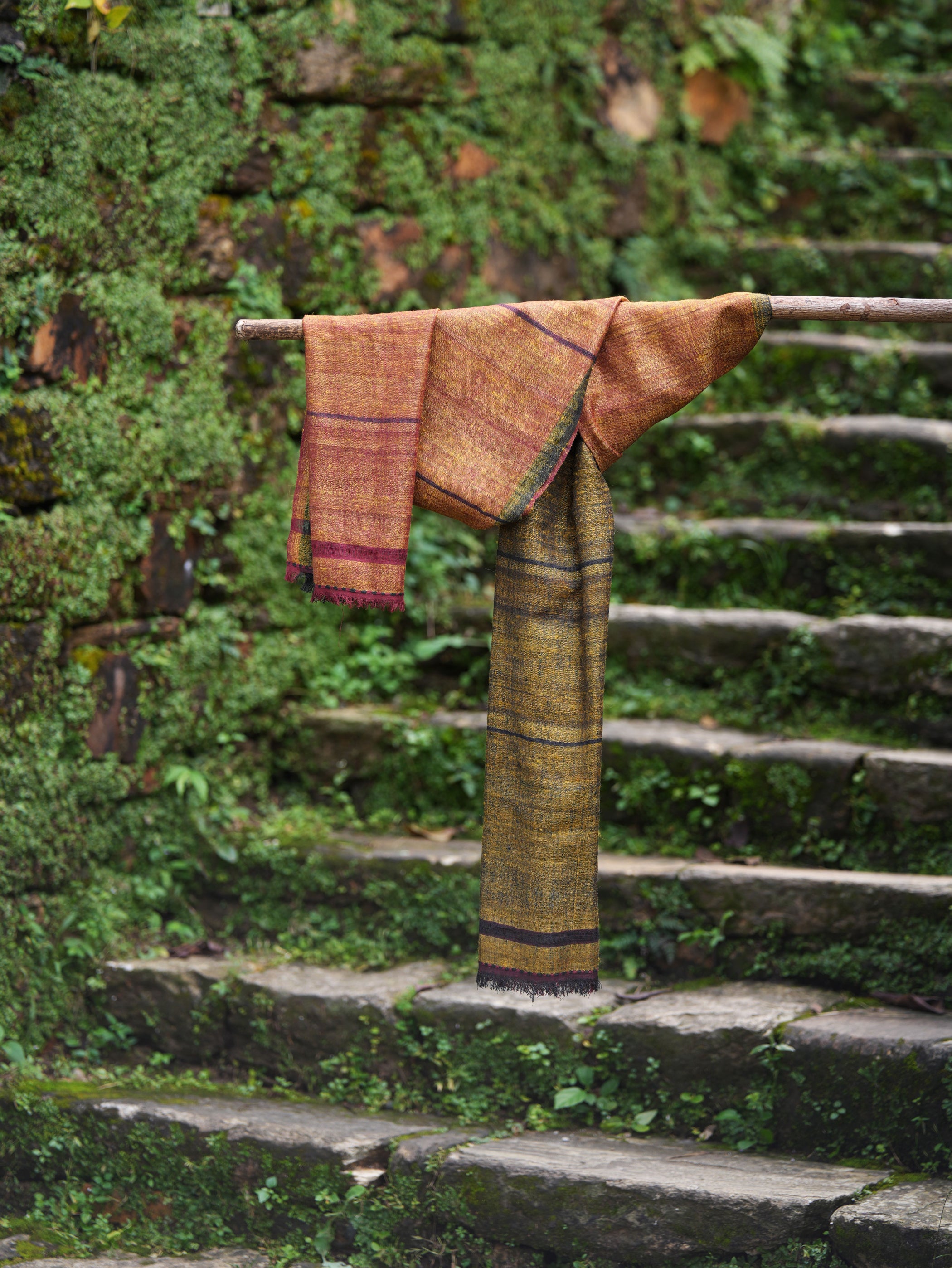 Half-n-Half Tussar Silk and Eri Silk Stole | Black, Maroon, Gold