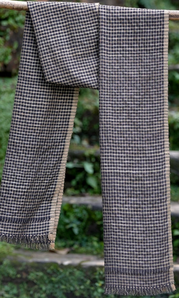 Monochrome Plaid Tussar Silk & Merino Wool Stole | Black & Gold Checks