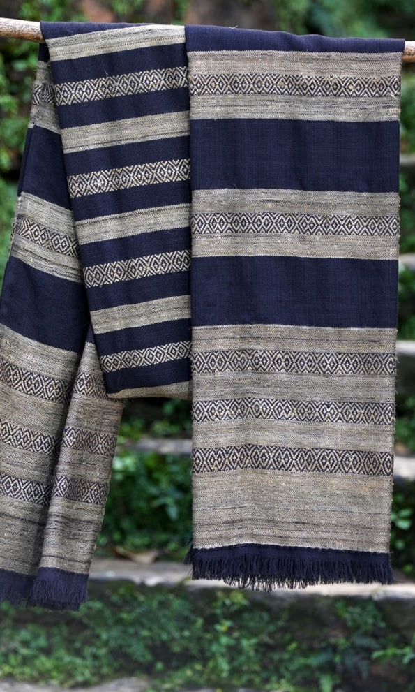 Diamond Twill Tussar Silk & Merino Wool Shawl | Black and Gold Stripes