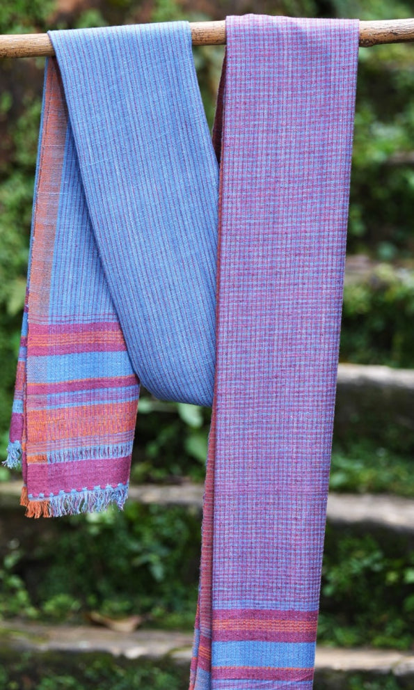 Half-N-Half Pure Eri Silk Stole | Indigo and Rust Stripes