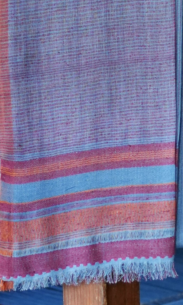 Half-N-Half Pure Eri Silk Stole | Indigo and Rust Stripes