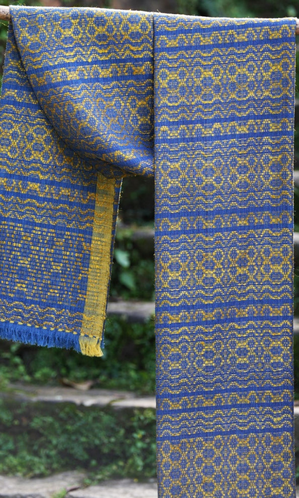 Almora Pattern Tussar Silk & Merino Wool Shawl | Indigo and Yellow