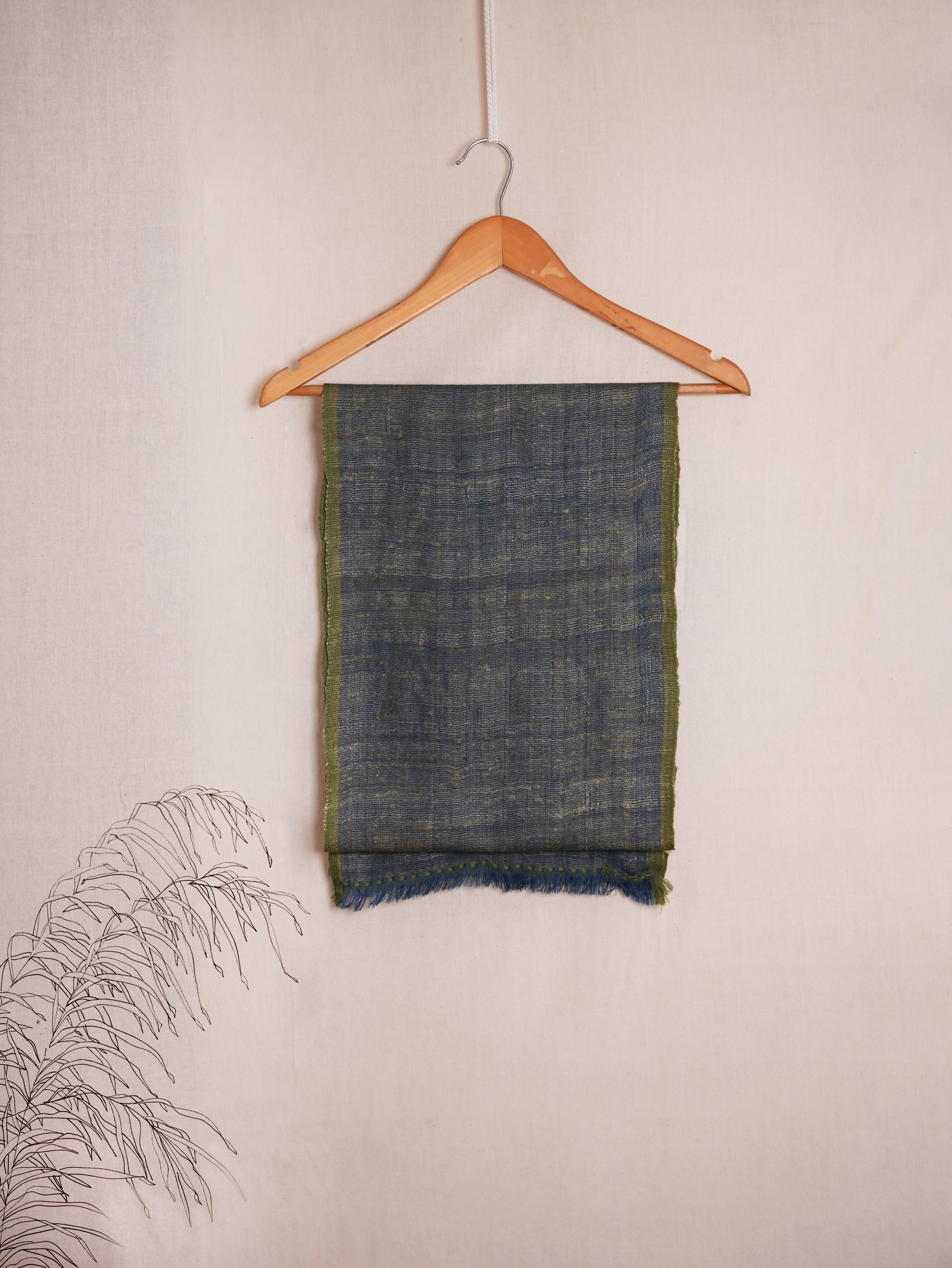 Basalt Eri Silk & Merino Wool Scarf | Indigo with Green Borders