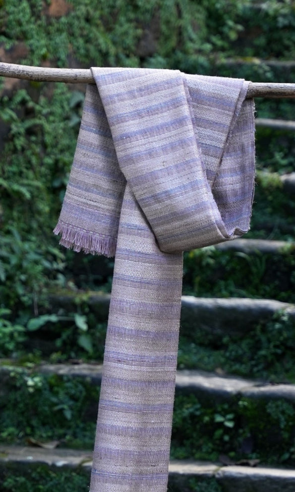 Diamond Twill Blush Tussar Silk & Merino Wool Stole | Indigo, Pink & Gold Stripes