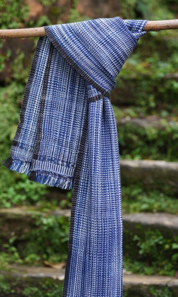 Pointed Twill Pure Merino Wool Stole | Indigo & White with Black Border