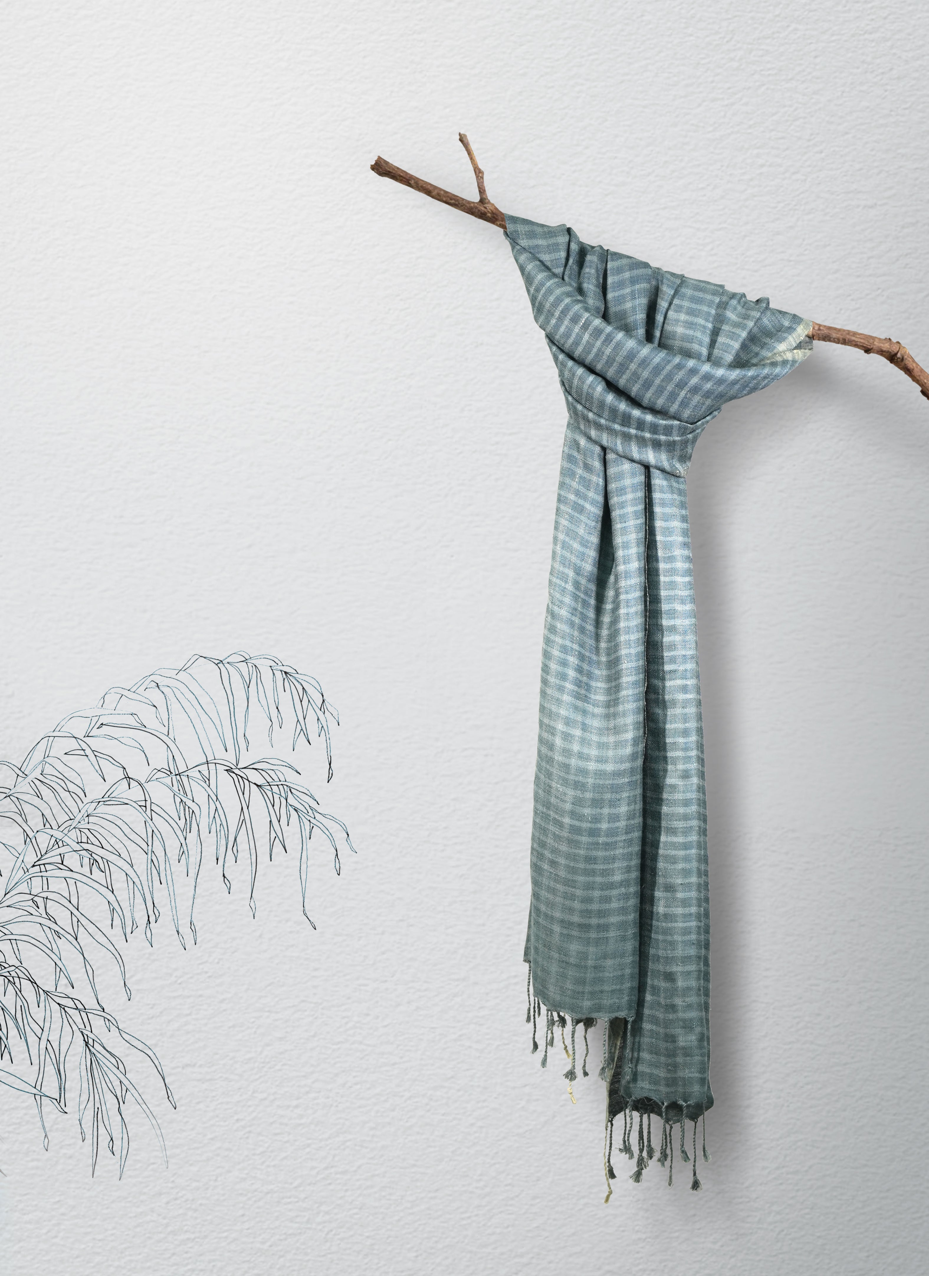 Graphite Plaid Eri silk and Linen stole | Indigo and Grey checks