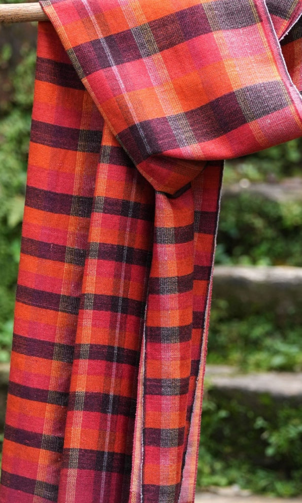 Vibrant Check Pure Merino Wool Stole | Orange, Black, Yellow