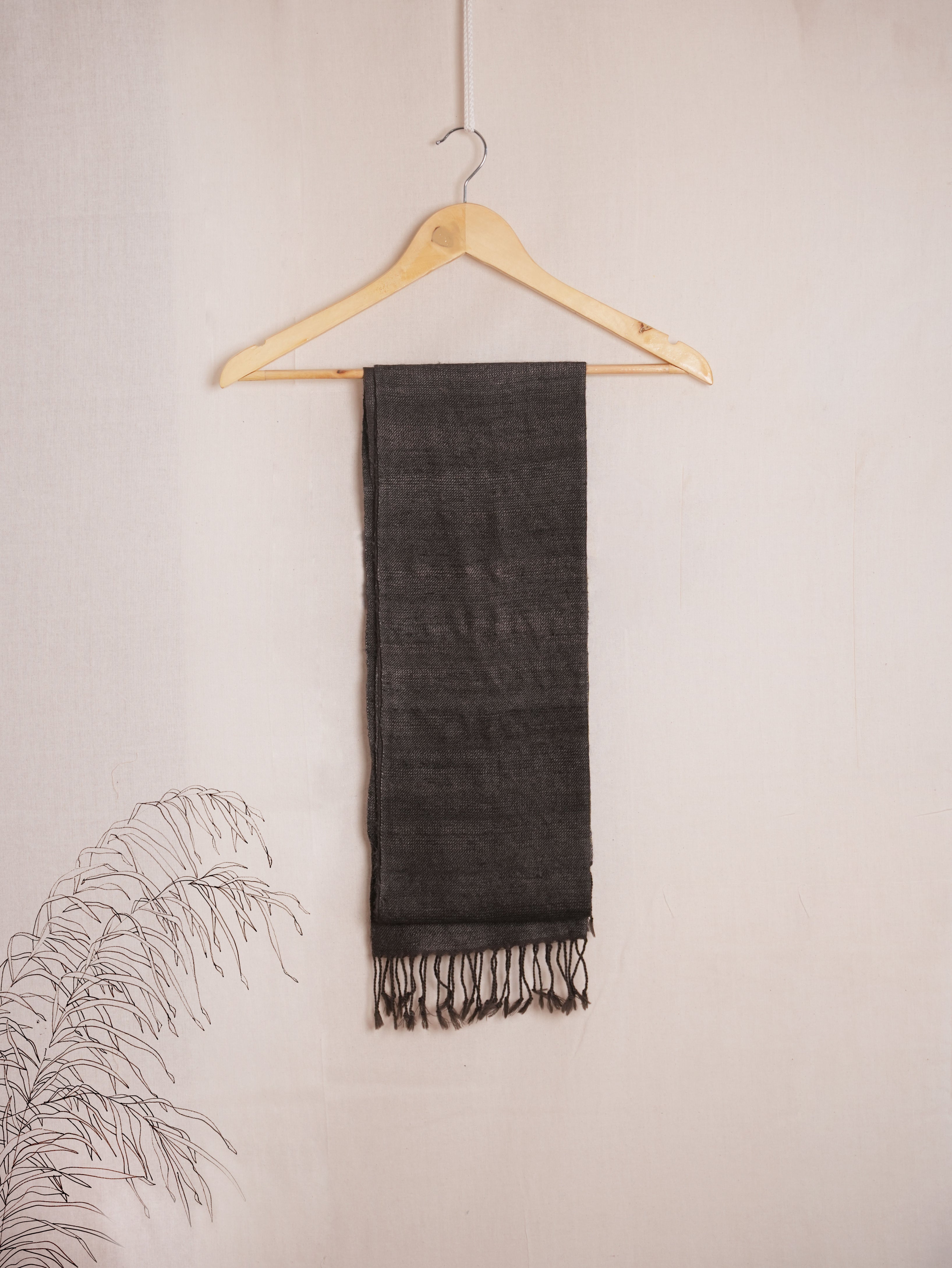 Charcoal Grace Tussar Silk & Merino Wool Stole | Plain Black