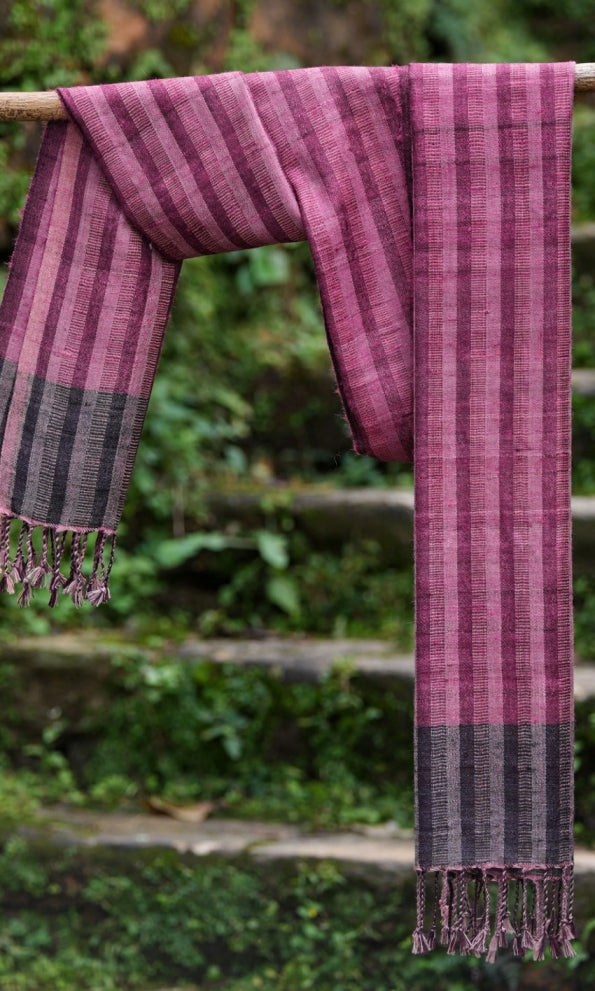 Checkered and Striated Tussar Silk & Merino Wool | Purple, Black, Pink, and White