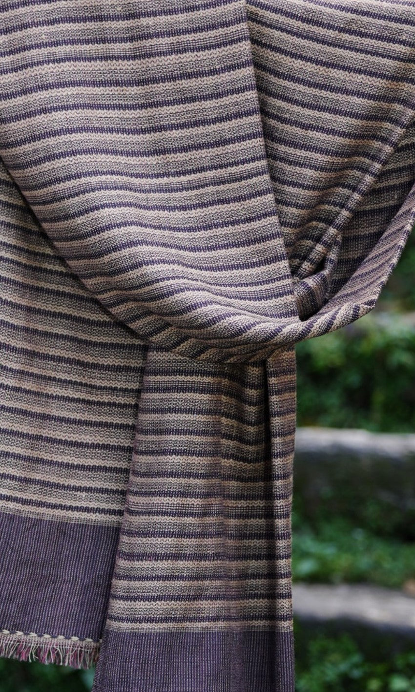 Pointed Twill Straited Eri Silk & Merino Wool Stole | Purple, Gold And Beige Stripes