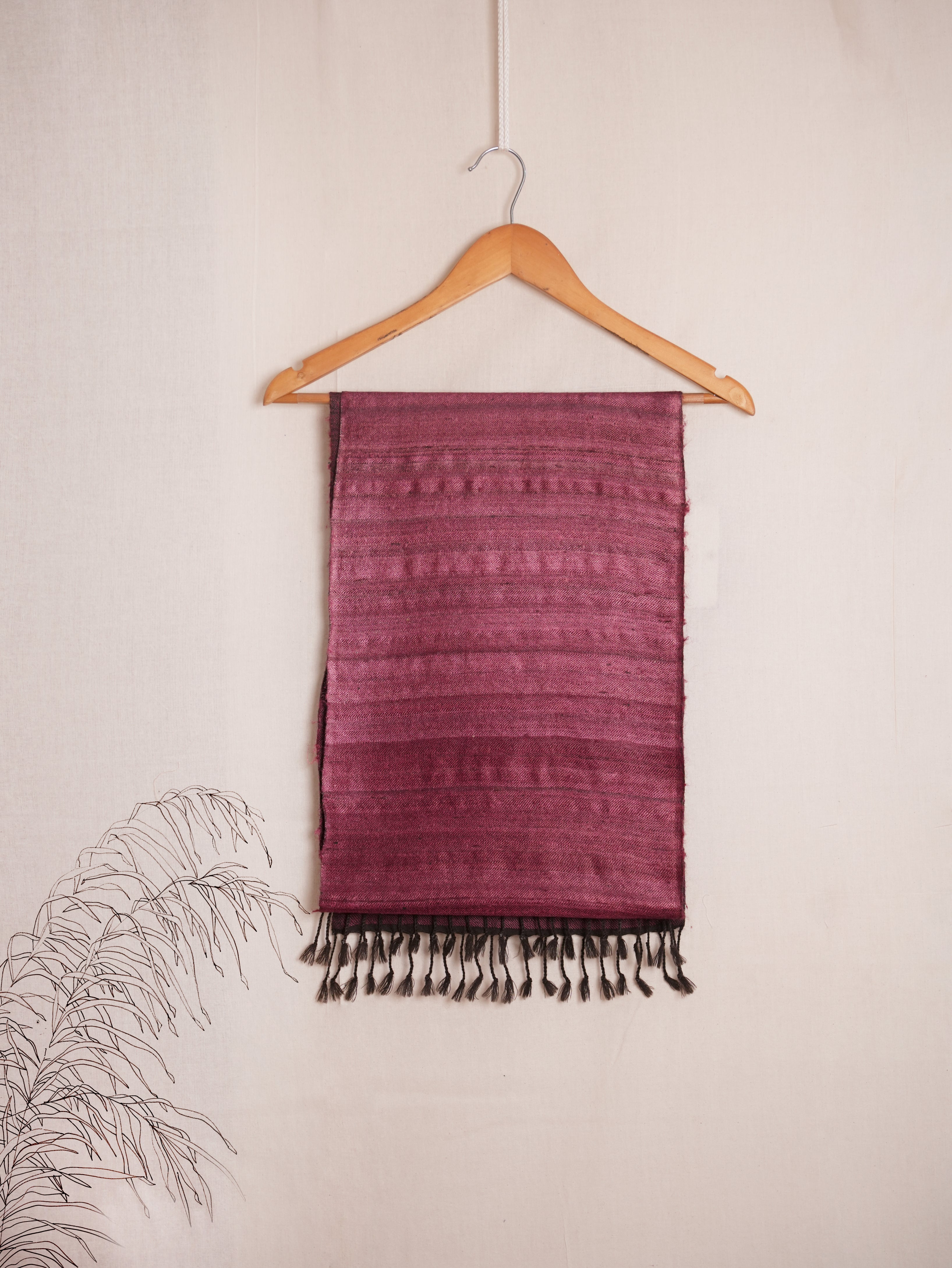 Reversible Tussar Silk & Merino Wool Scarf | Magenta with Black Fringes