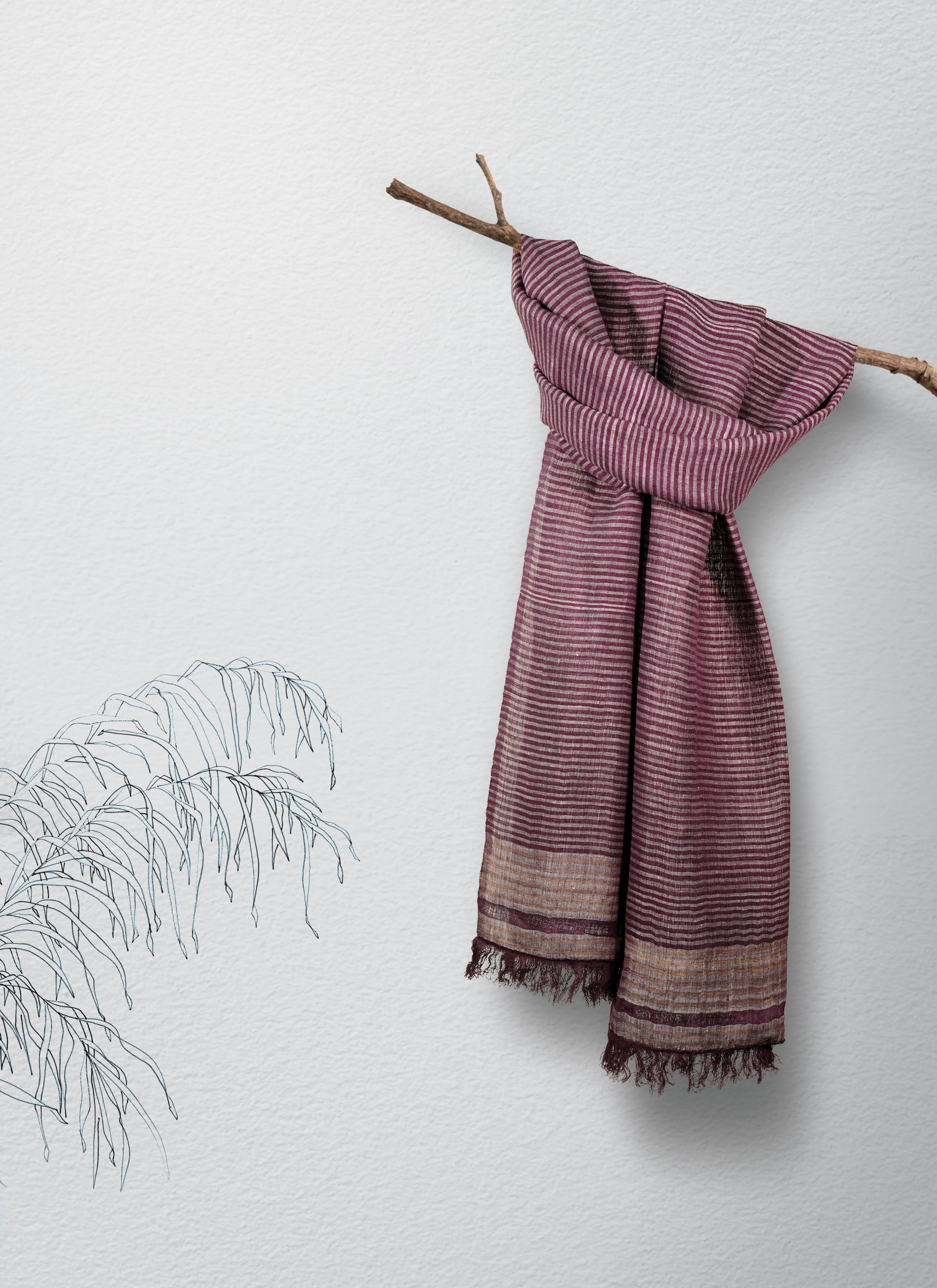 Straited purple drift Linen & Eri Silk Stole | Purple & Silver