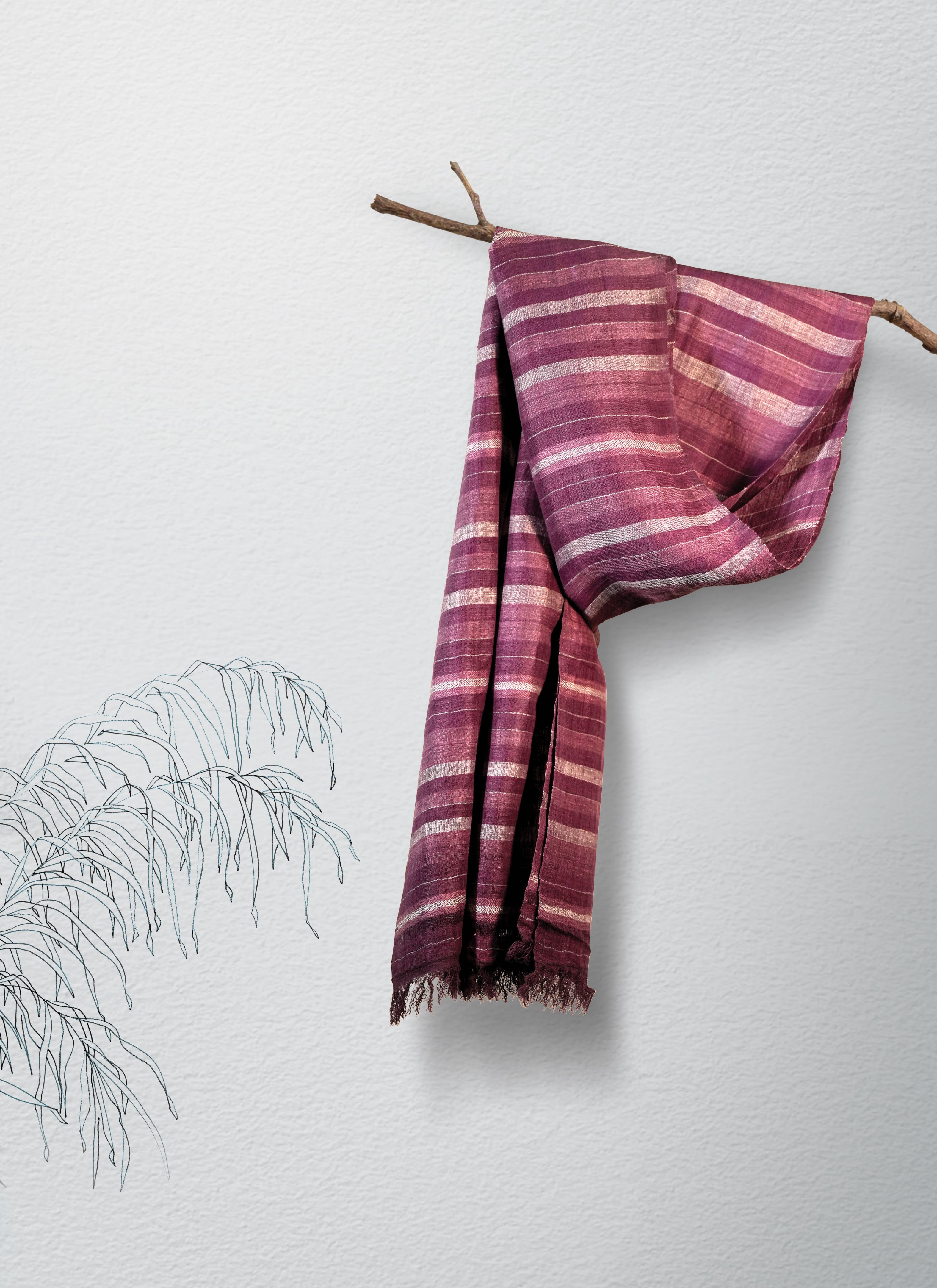 Plum stripes Linen & Eri Silk Stole | Violet with White stripes