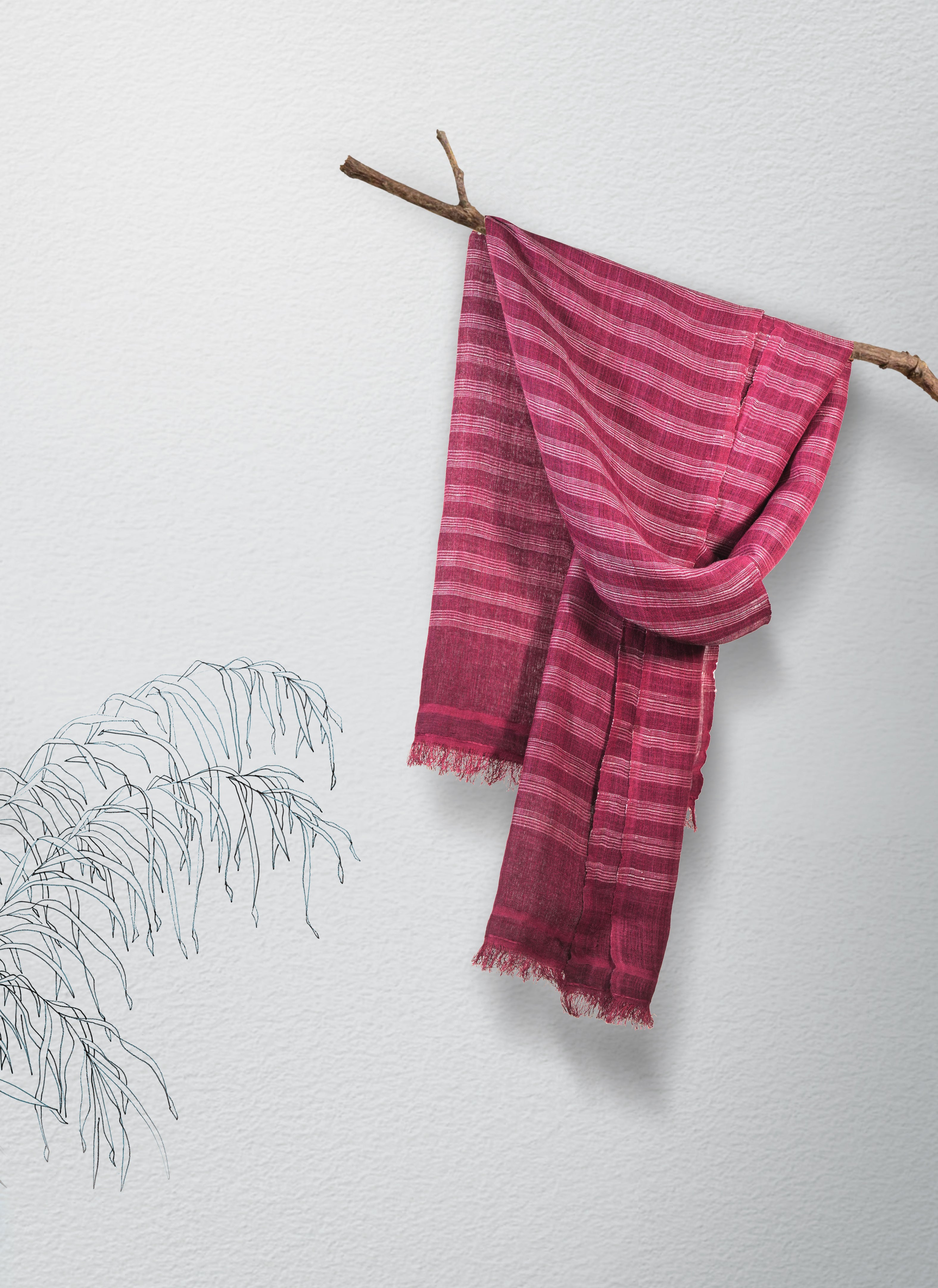 Straited Linen & Eri Silk Stole | Berry Crush with White pinstripes