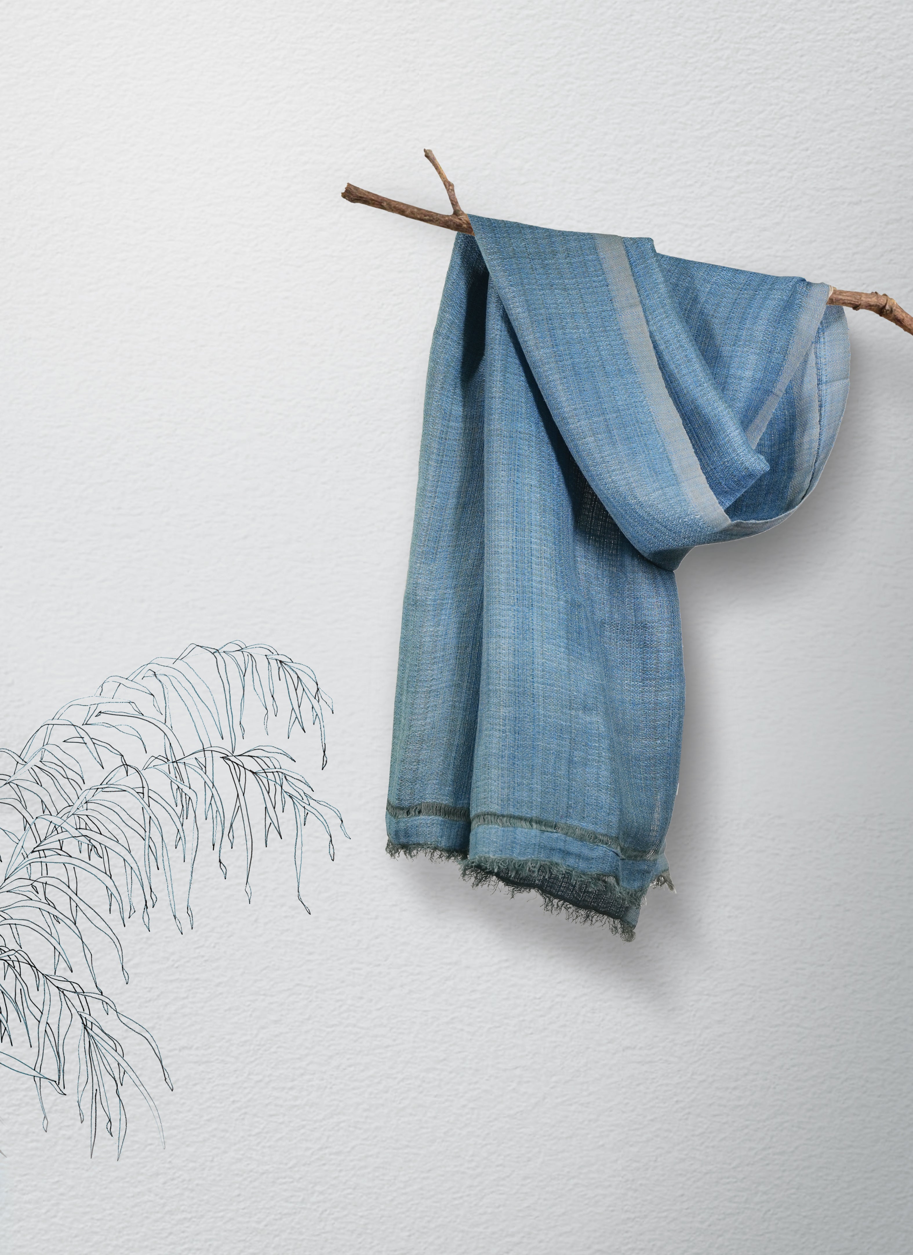 Twill weave Linen Silk Stole | Indigo Blue with Grey Border