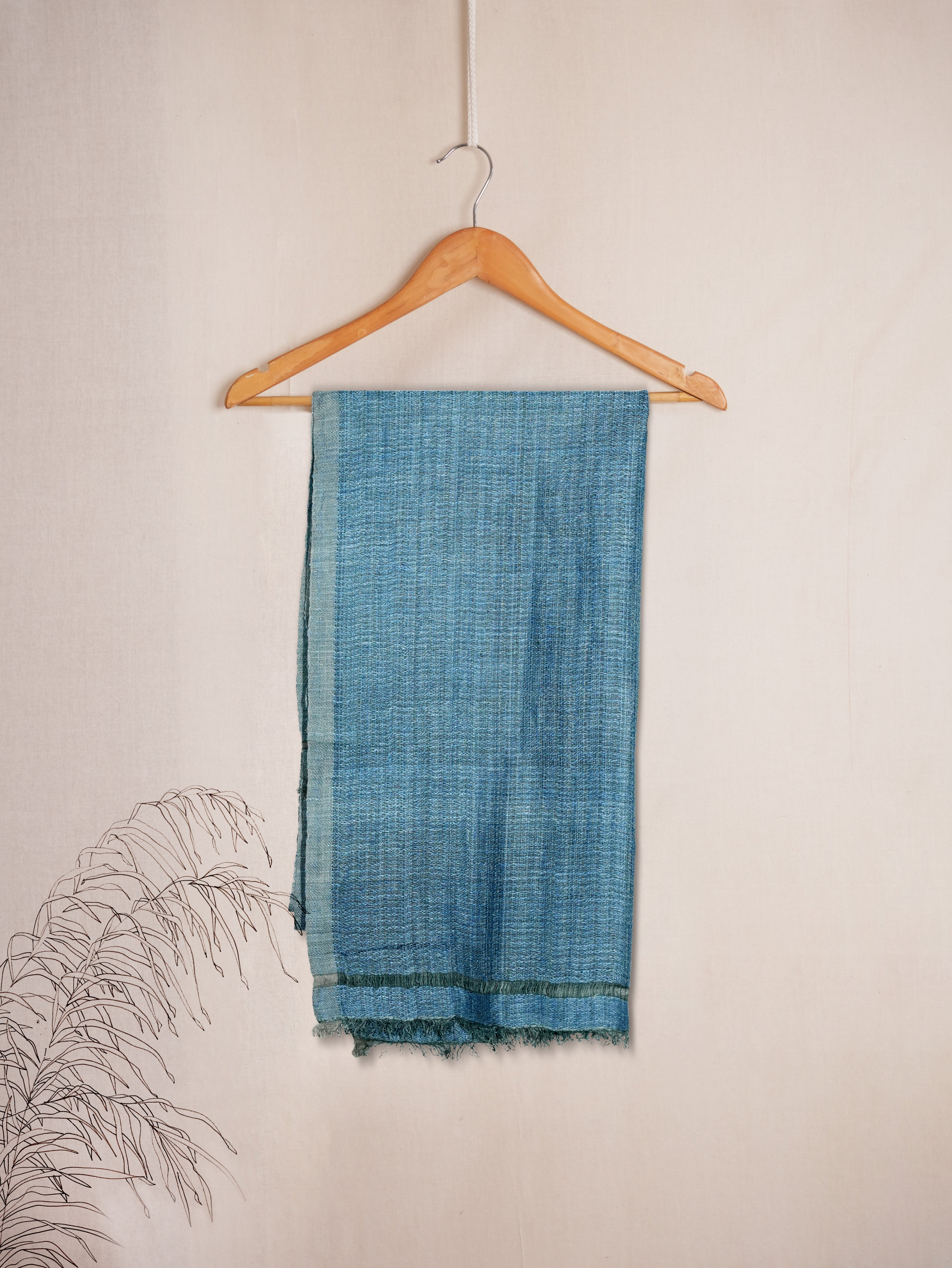 Twill weave Linen Silk Stole | Indigo Blue with Grey Border