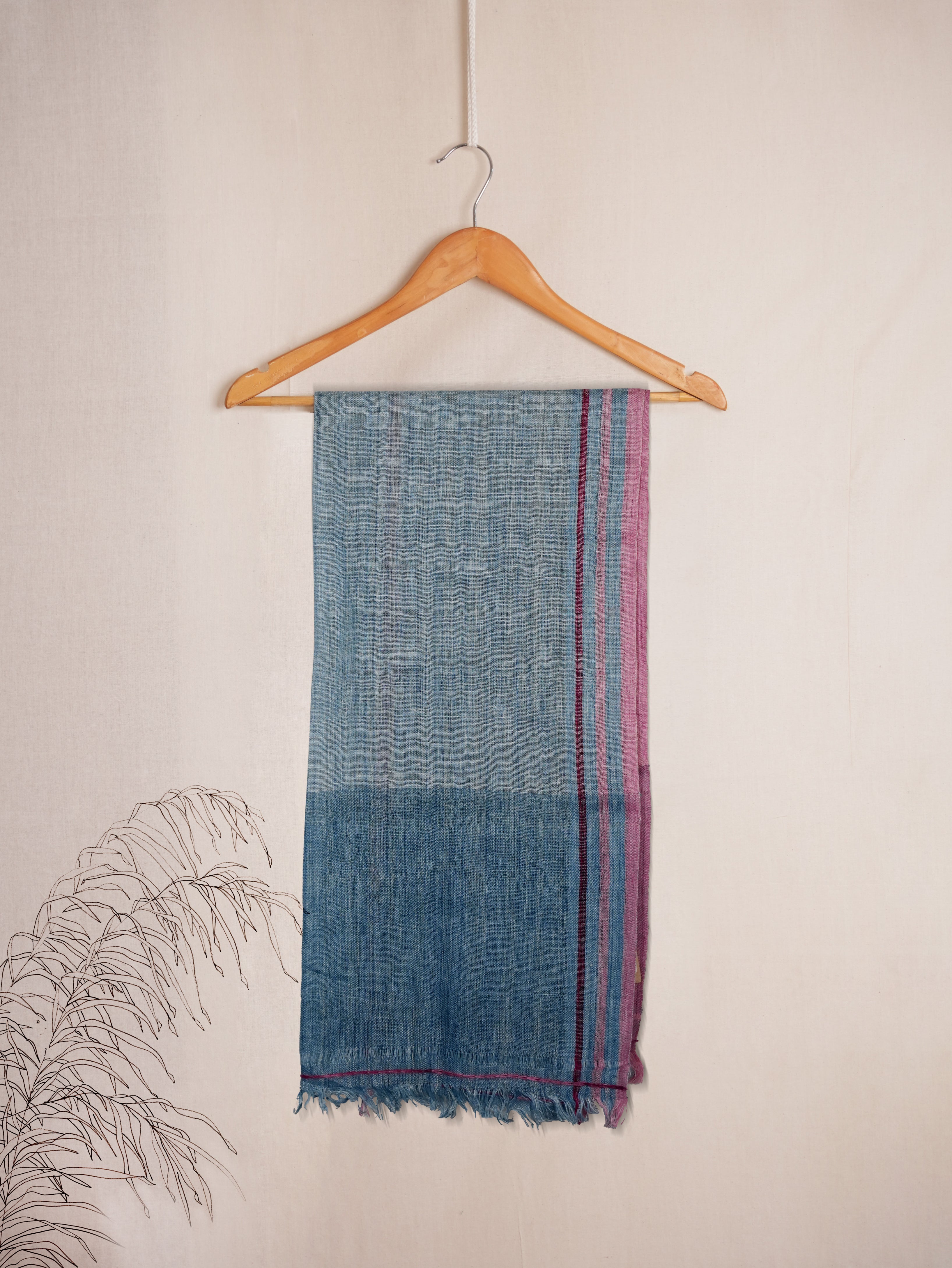 Vibrant Halo Linen Stole | Indigo with Pink & Violet Border