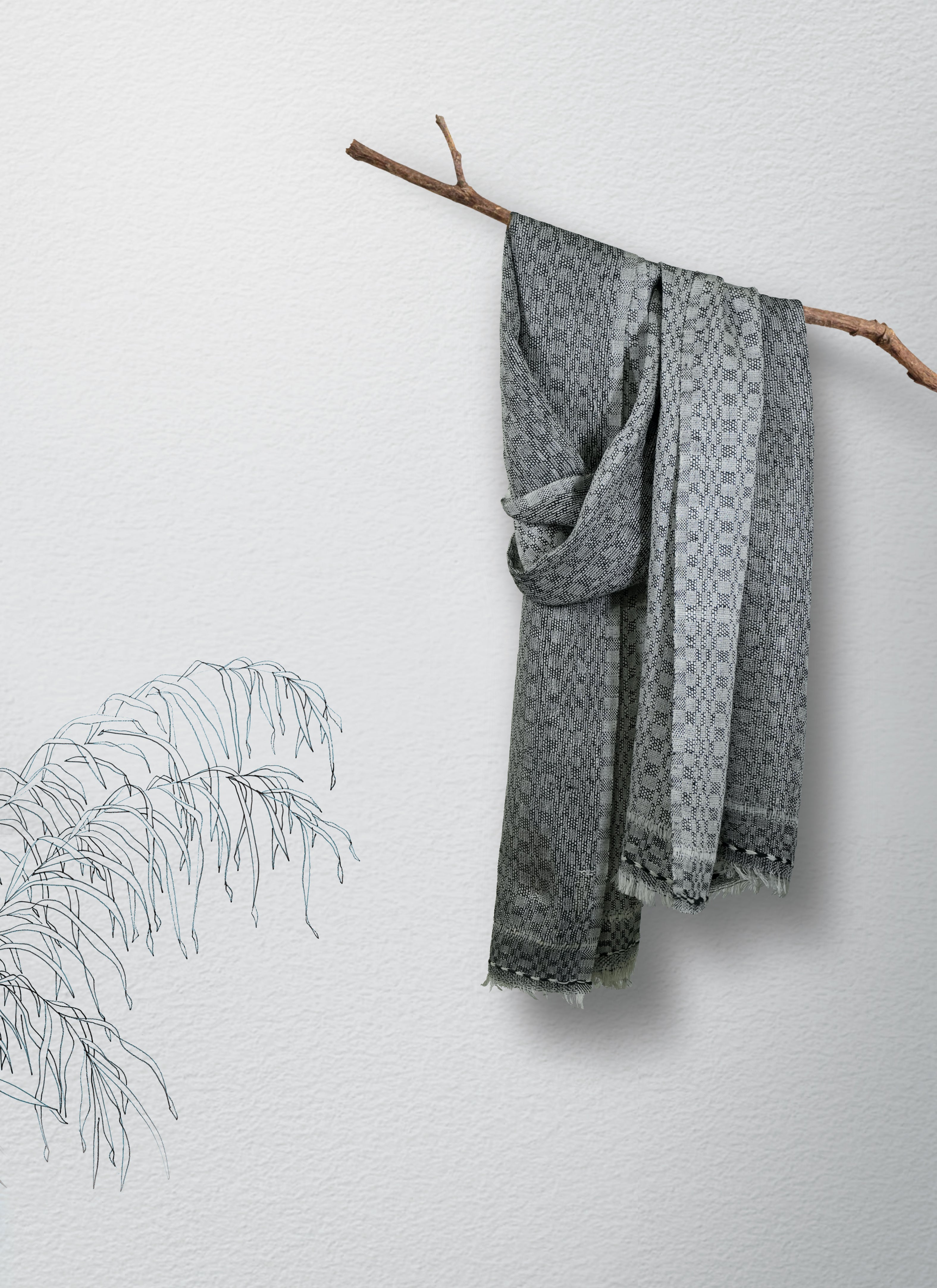 Smoky Squares Linen Stole | Black and White Self Textured