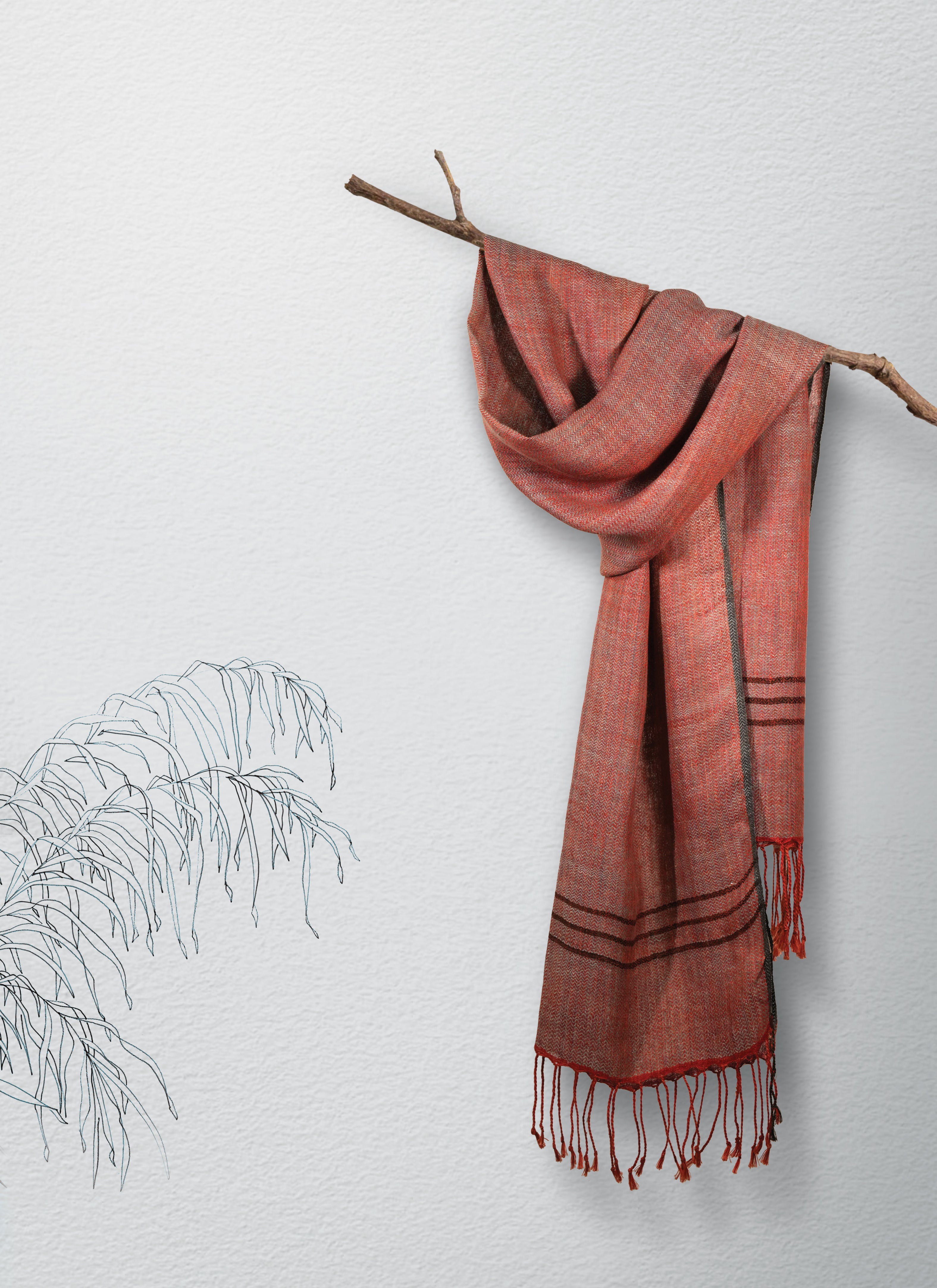 Pointed twill patterend Linen & Eri Silk Stole | Orange and Grey