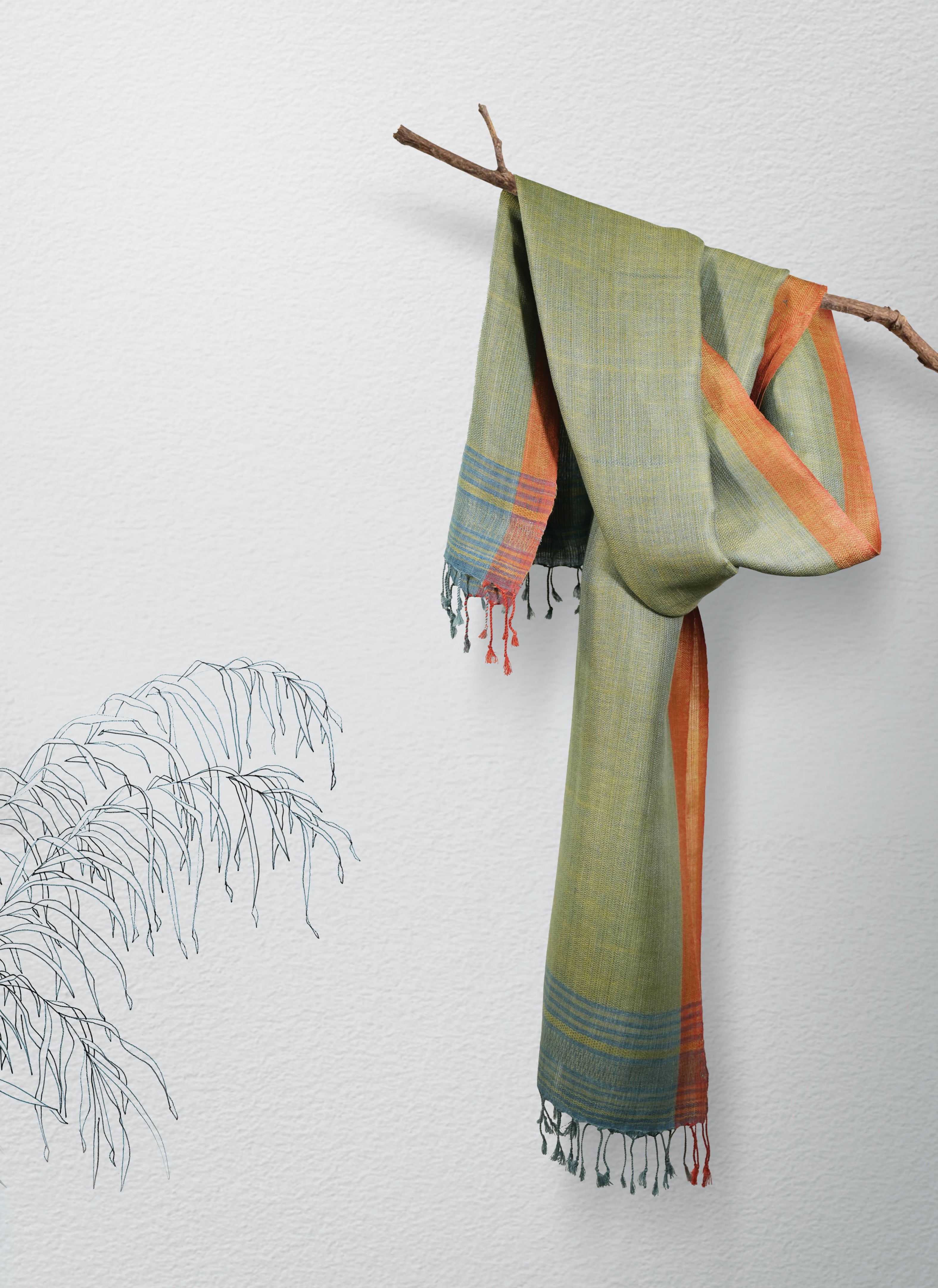 Stripes of Spring Linen & Eri Silk Stole | Pastel Green with Indigo Stripes