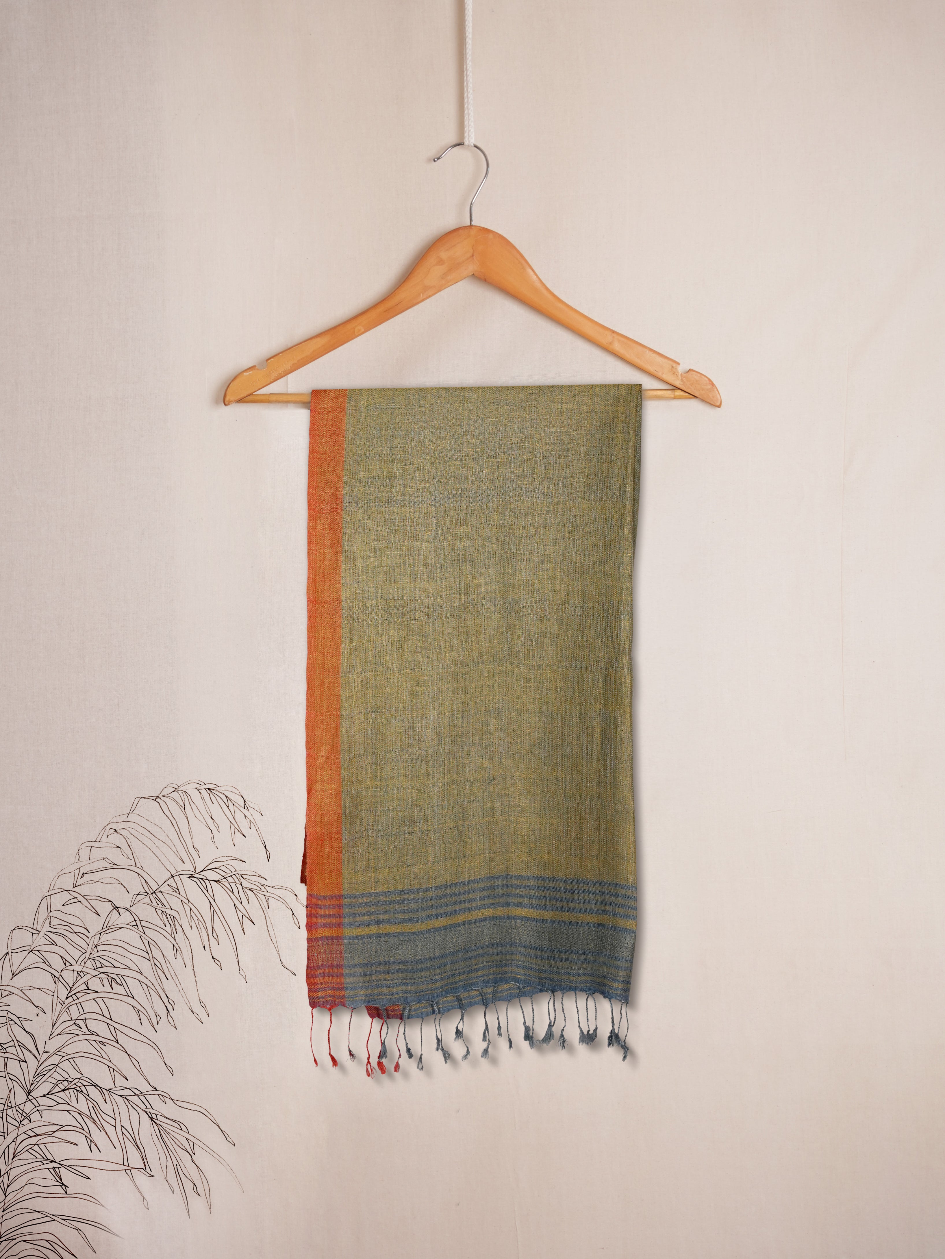 Stripes of Spring Linen & Eri Silk Stole | Pastel Green with Indigo Stripes