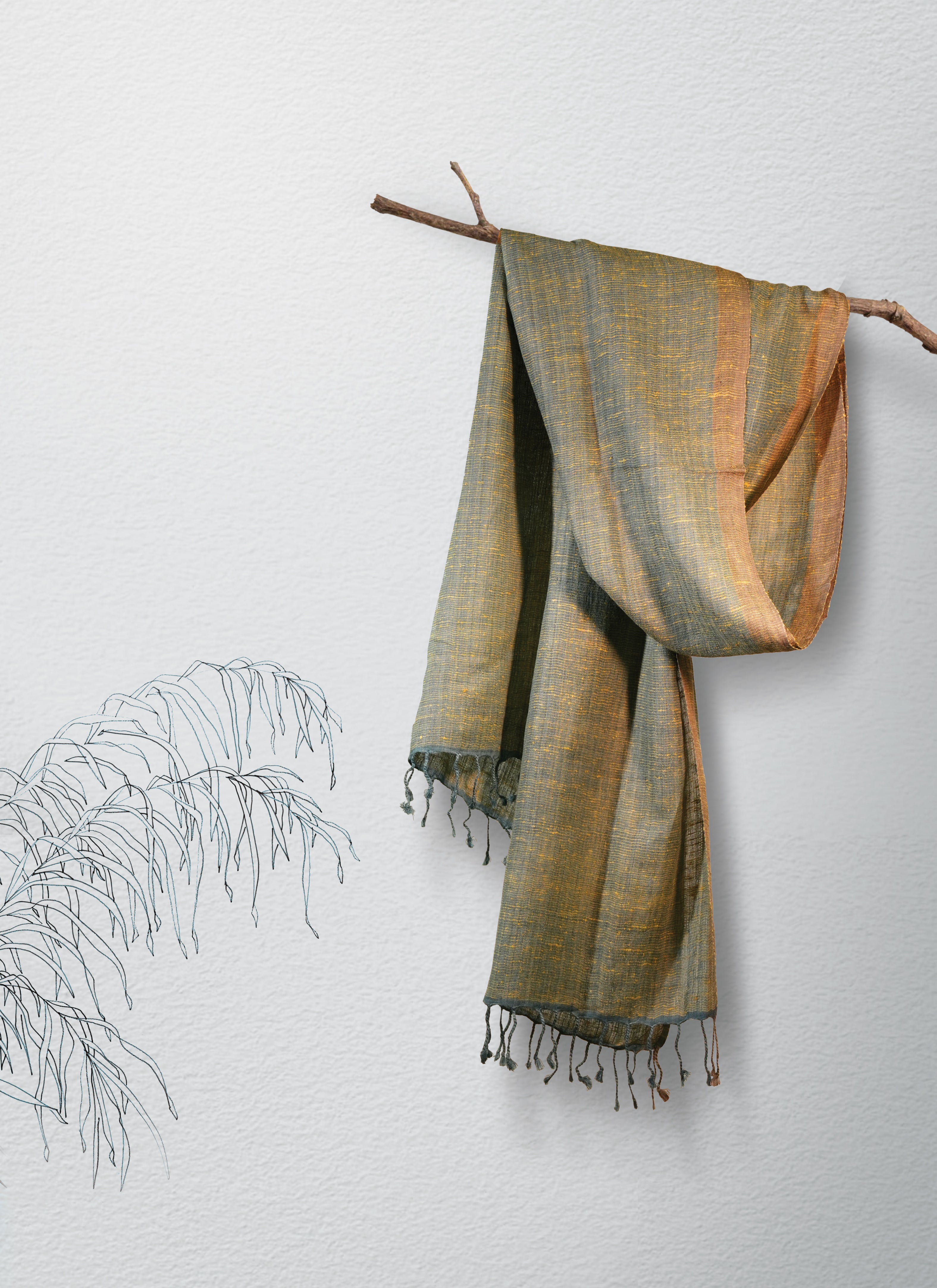 Linen & Eri Silk Stole | Teal & Yellow