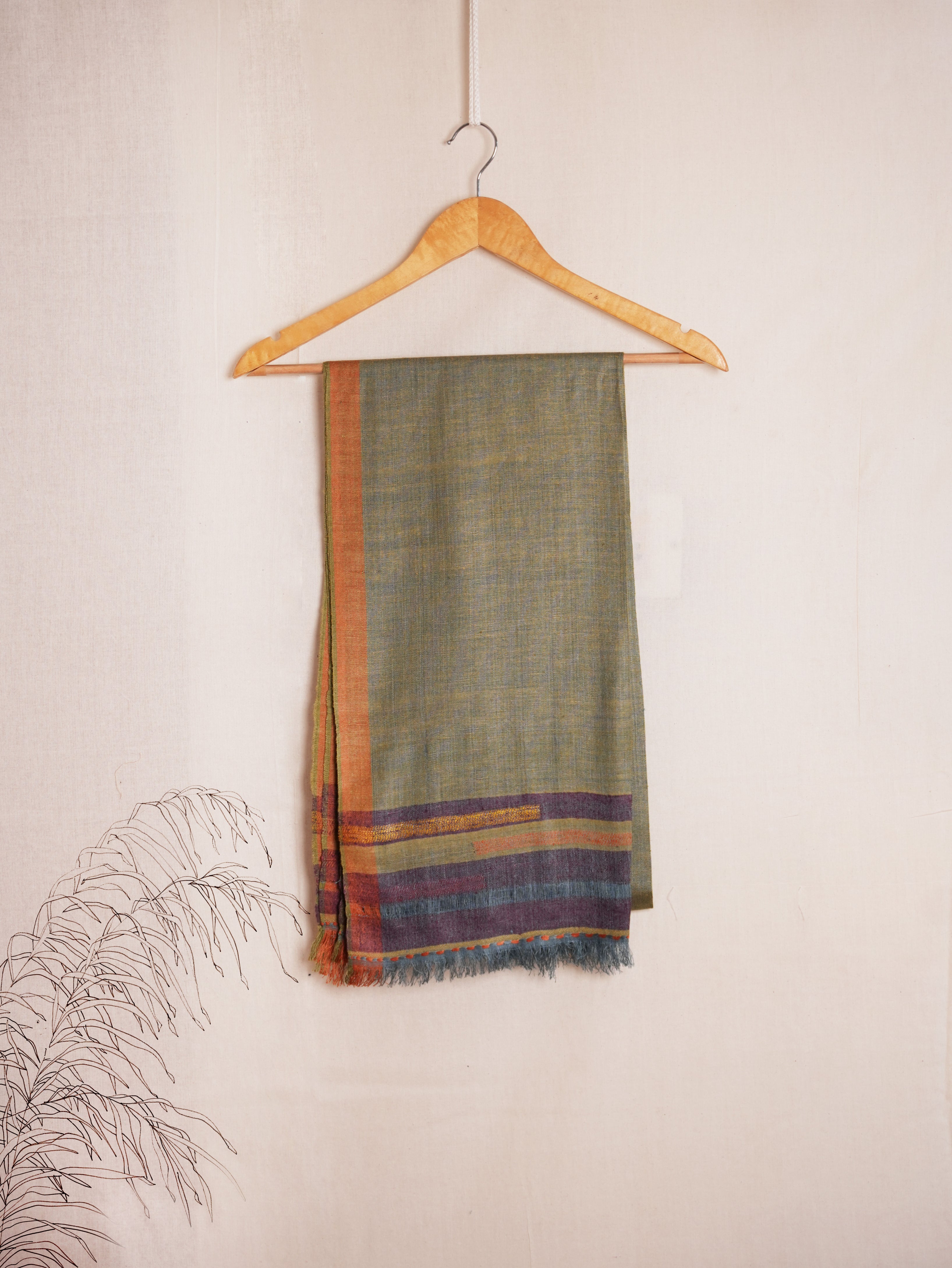 Classic Pure Eri Silk Stole | Sage Green with Orange border