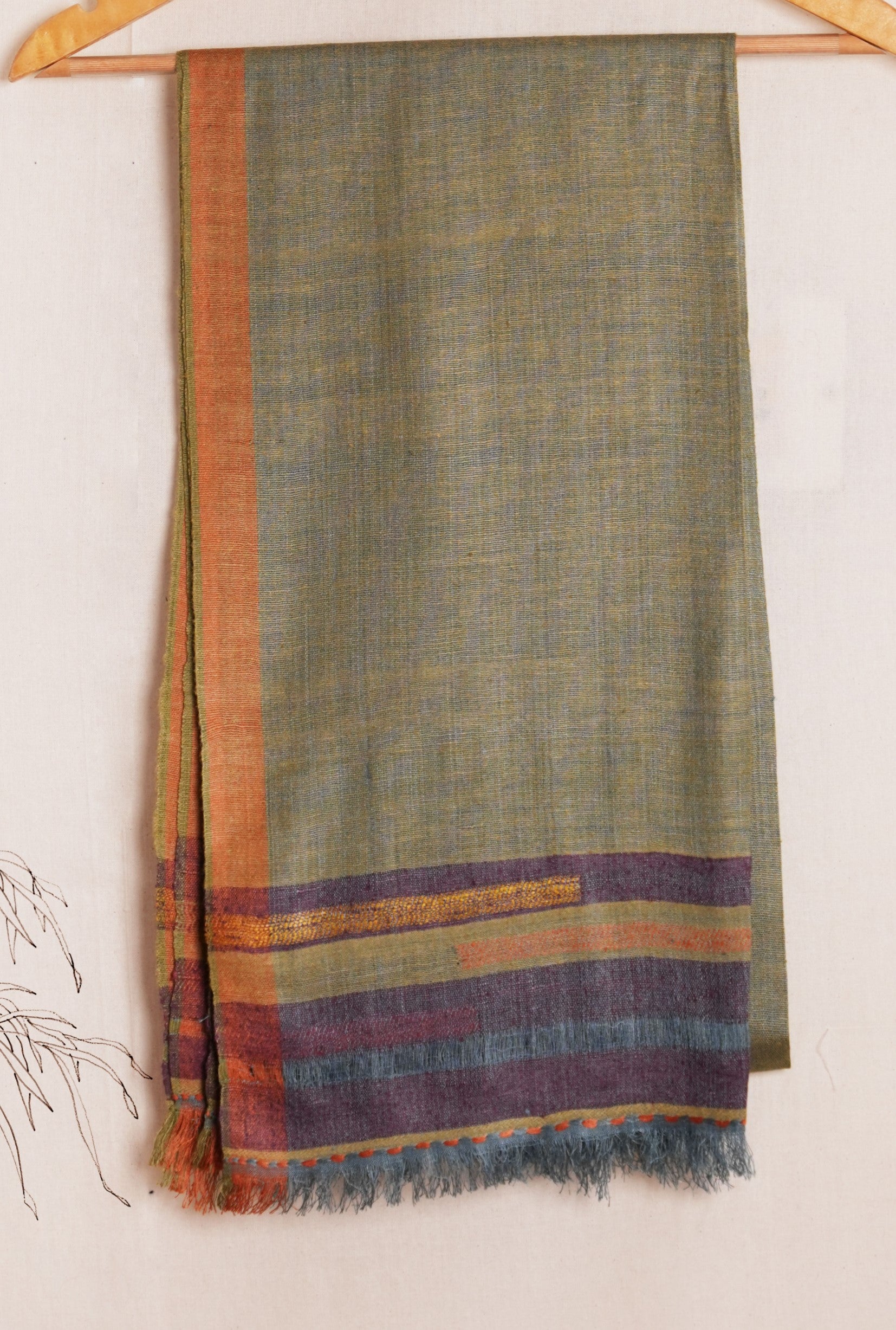 Classic Pure Eri Silk Stole | Sage Green with Orange border