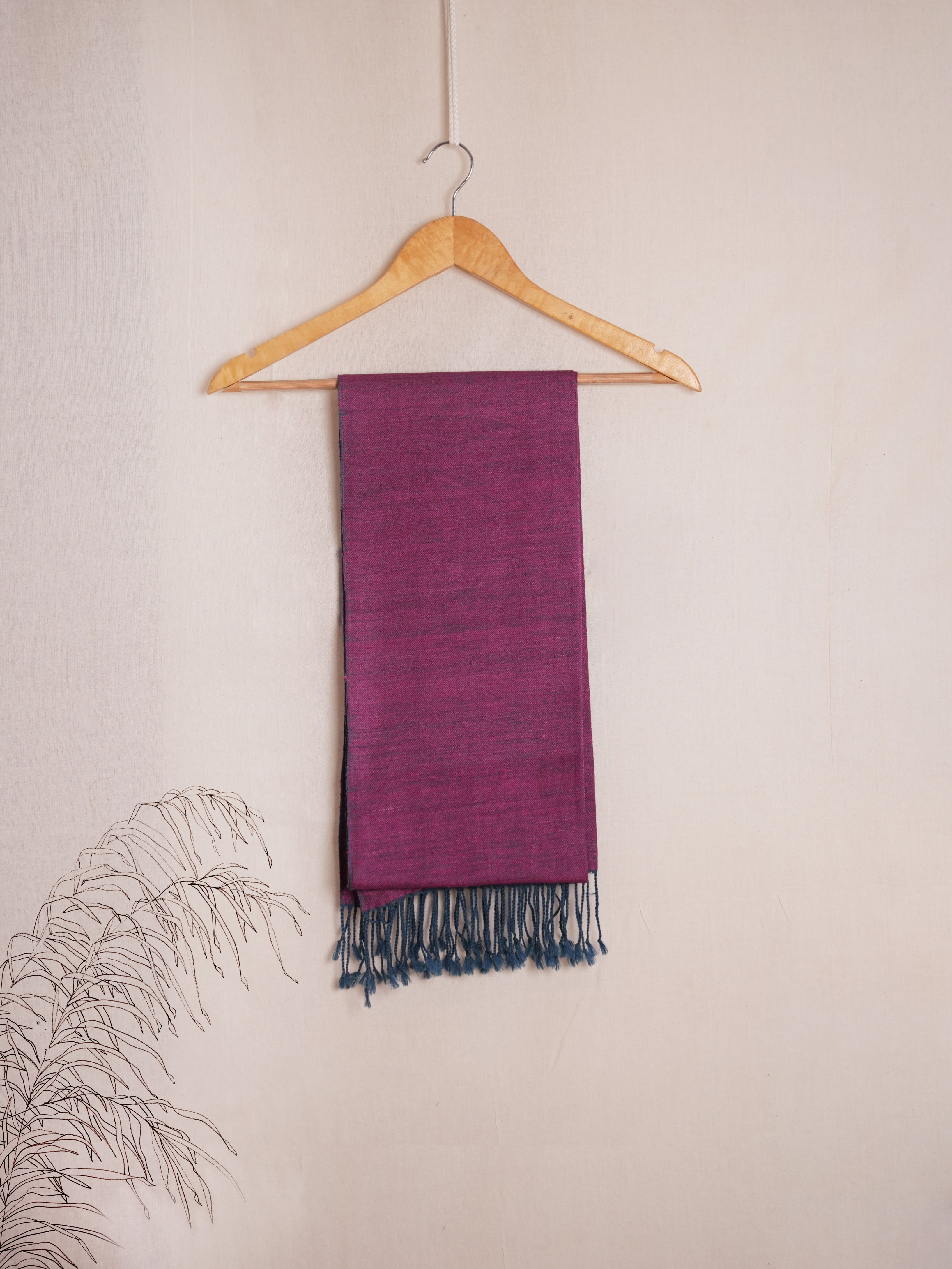 Dark Raspberry Tussar Silk & Merino Wool Stole | Solid Indigo & Pink