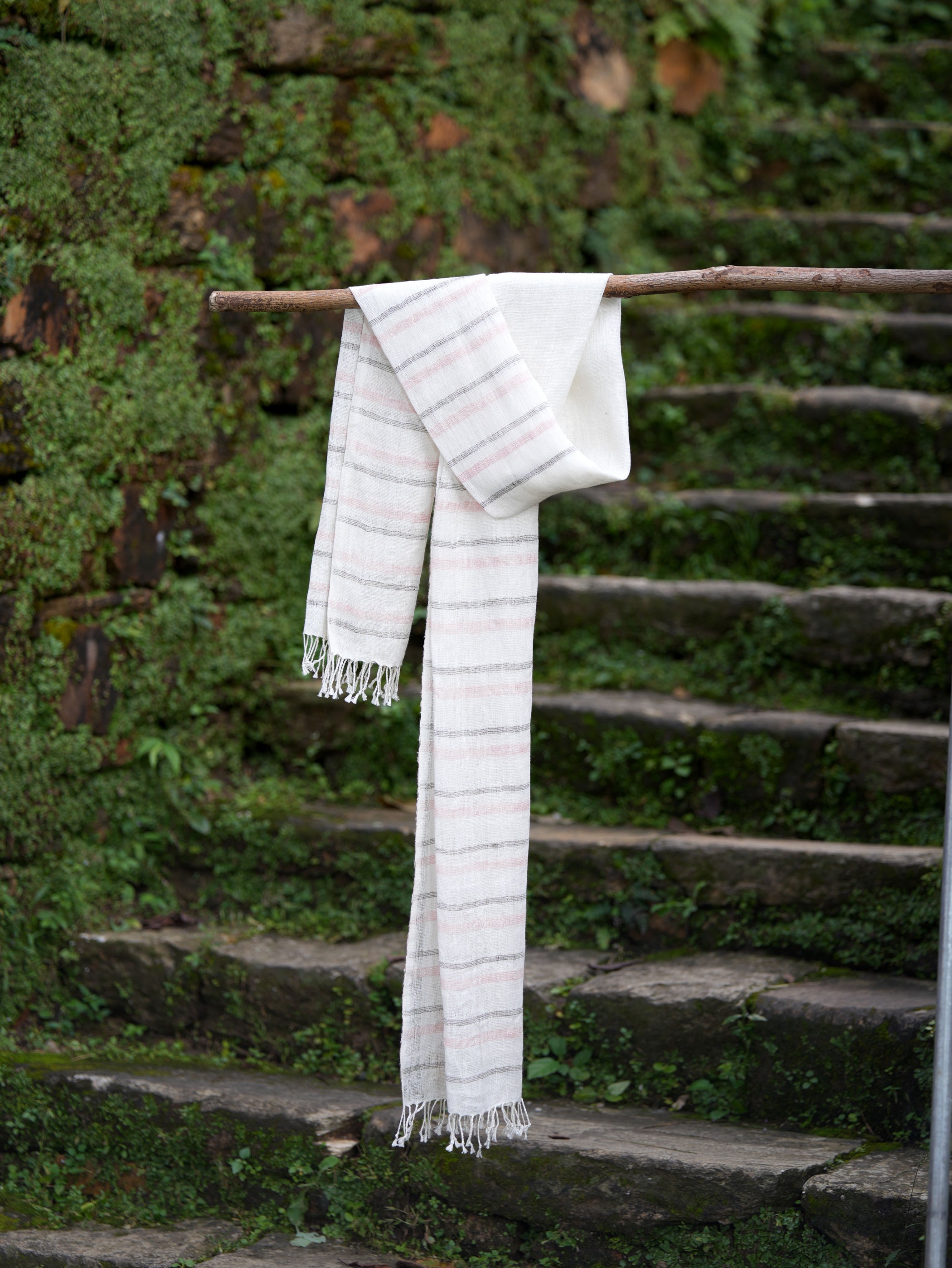 Rosy Shadows Linen Stole | White with Black & Pink Stirpes