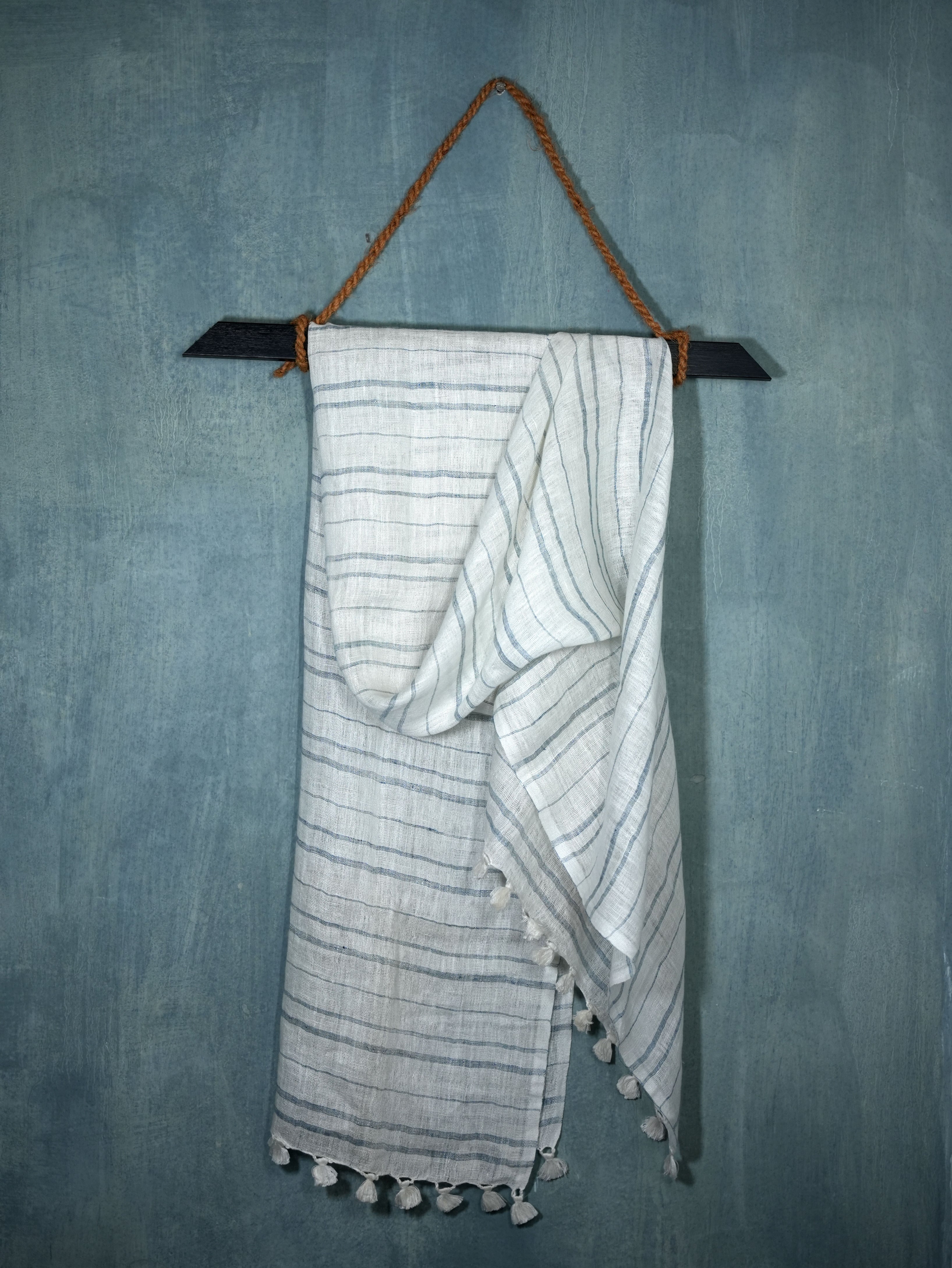 Skyline Stripes Linen Stole | White with Light Indigo Stripes