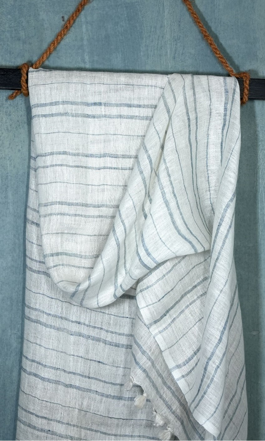 Skyline Stripes Linen Stole | White with Light Indigo Stripes