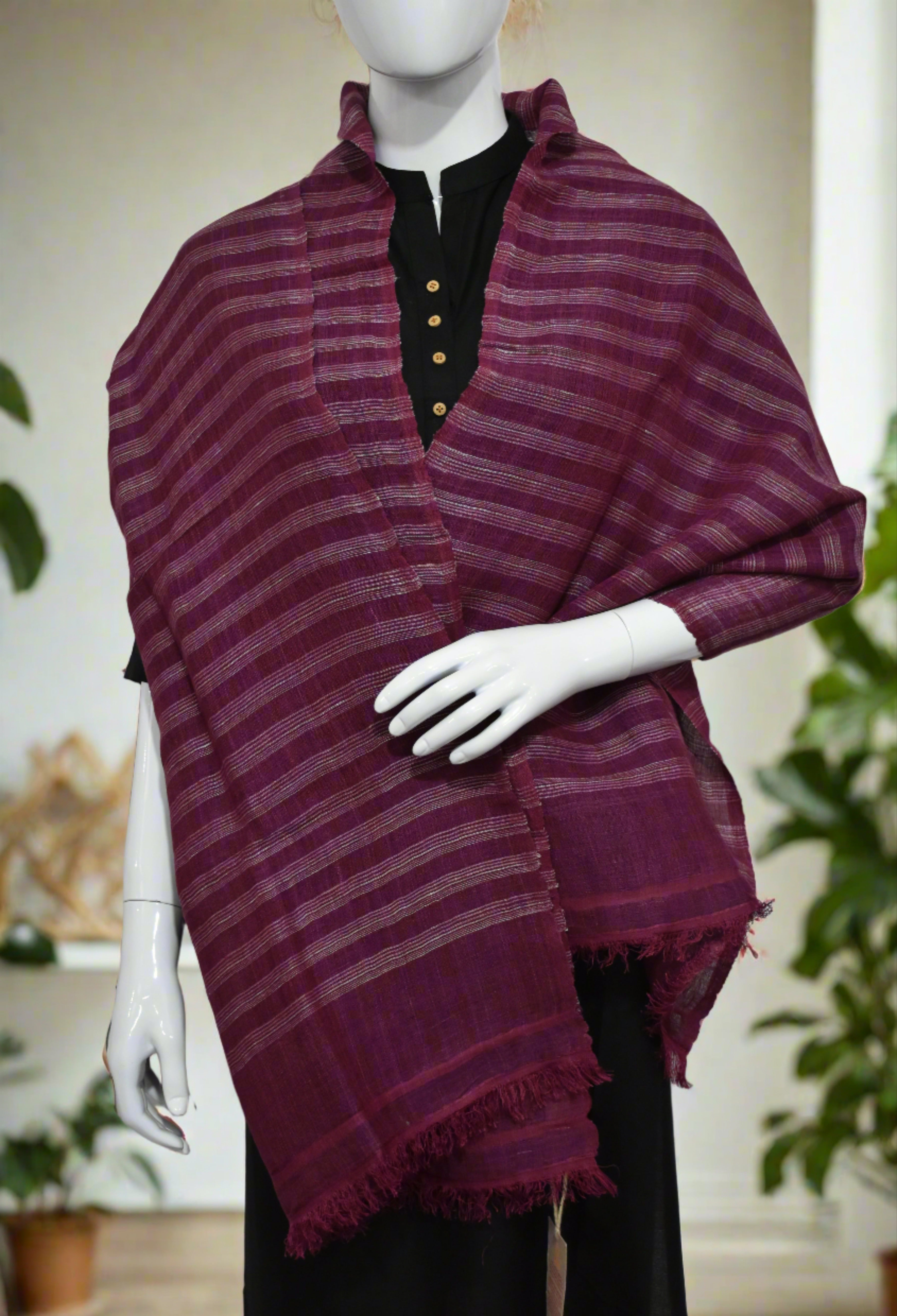 Straited Linen & Eri Silk Stole | Berry Crush with White pinstripes