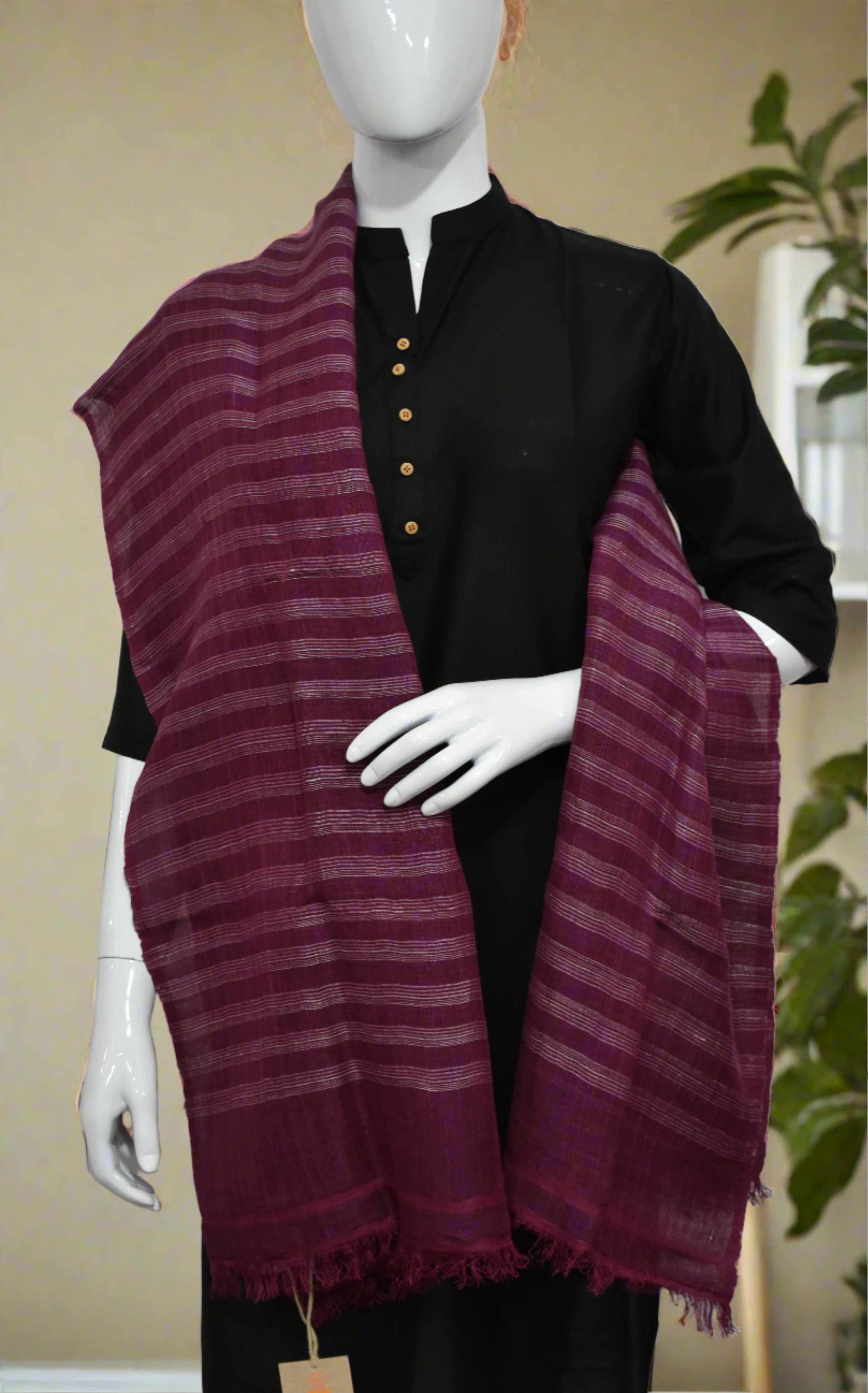 Straited Linen & Eri Silk Stole | Berry Crush with White pinstripes