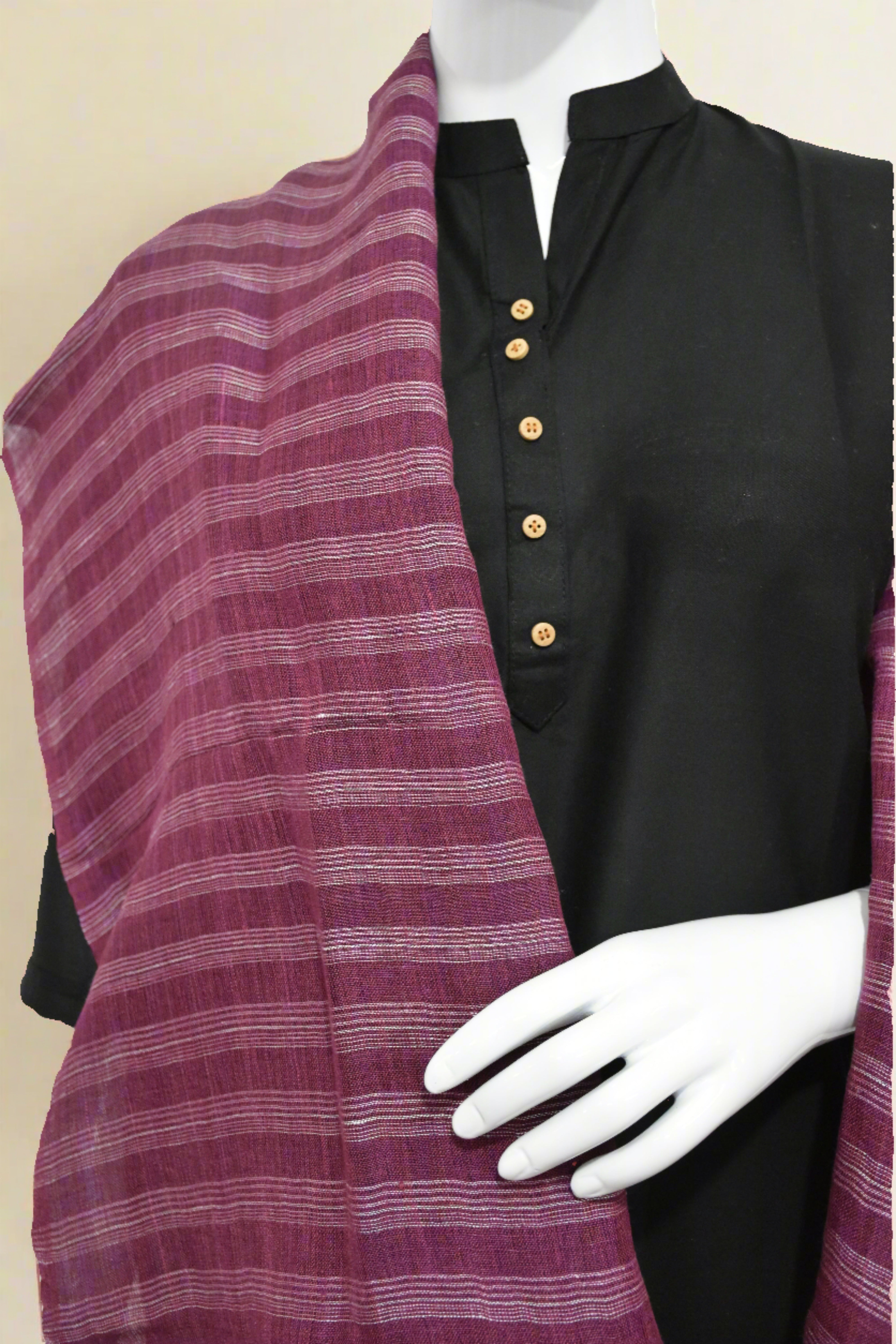 Straited Linen & Eri Silk Stole | Berry Crush with White pinstripes