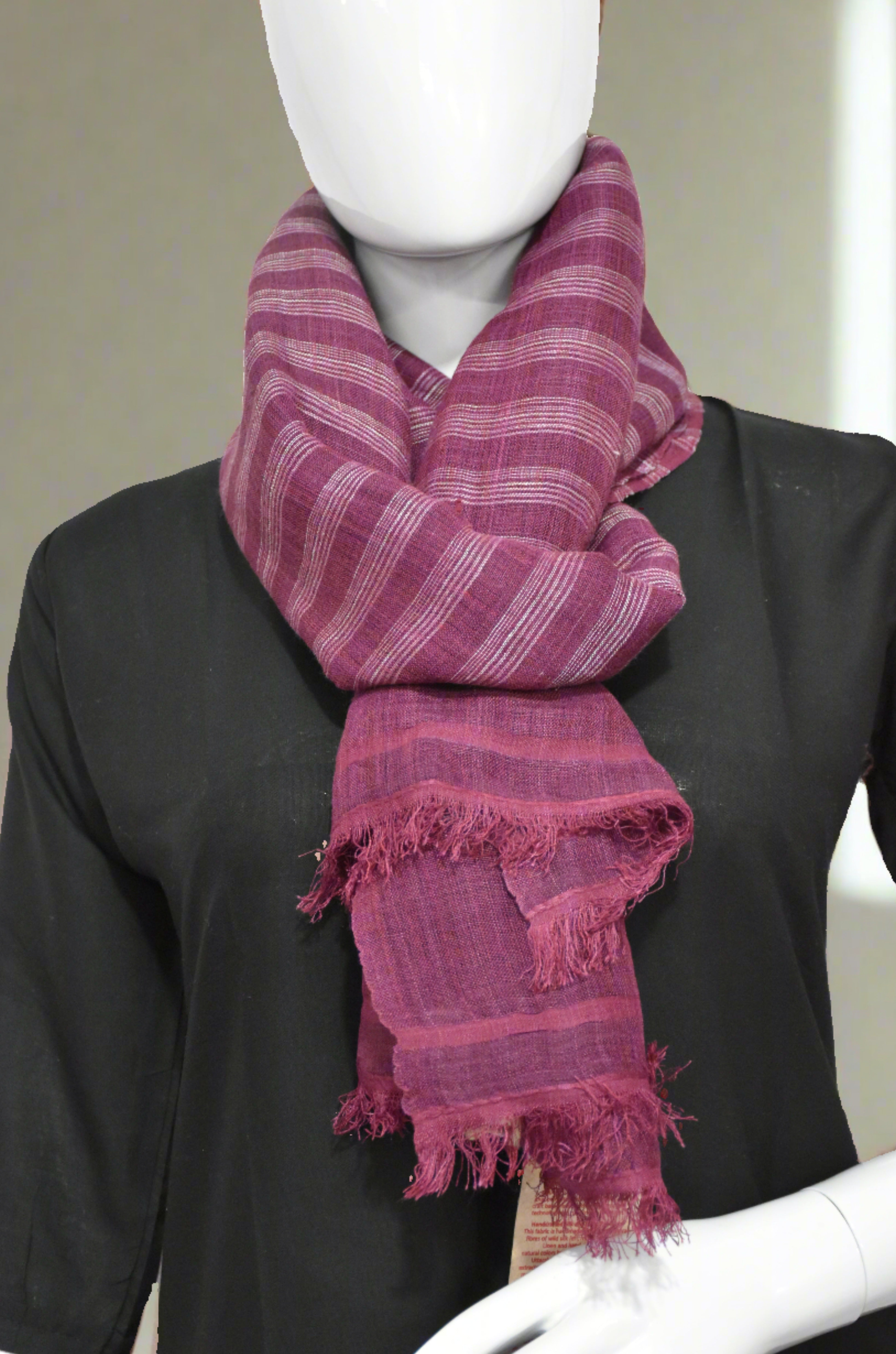 Straited Linen & Eri Silk Stole | Berry Crush with White pinstripes