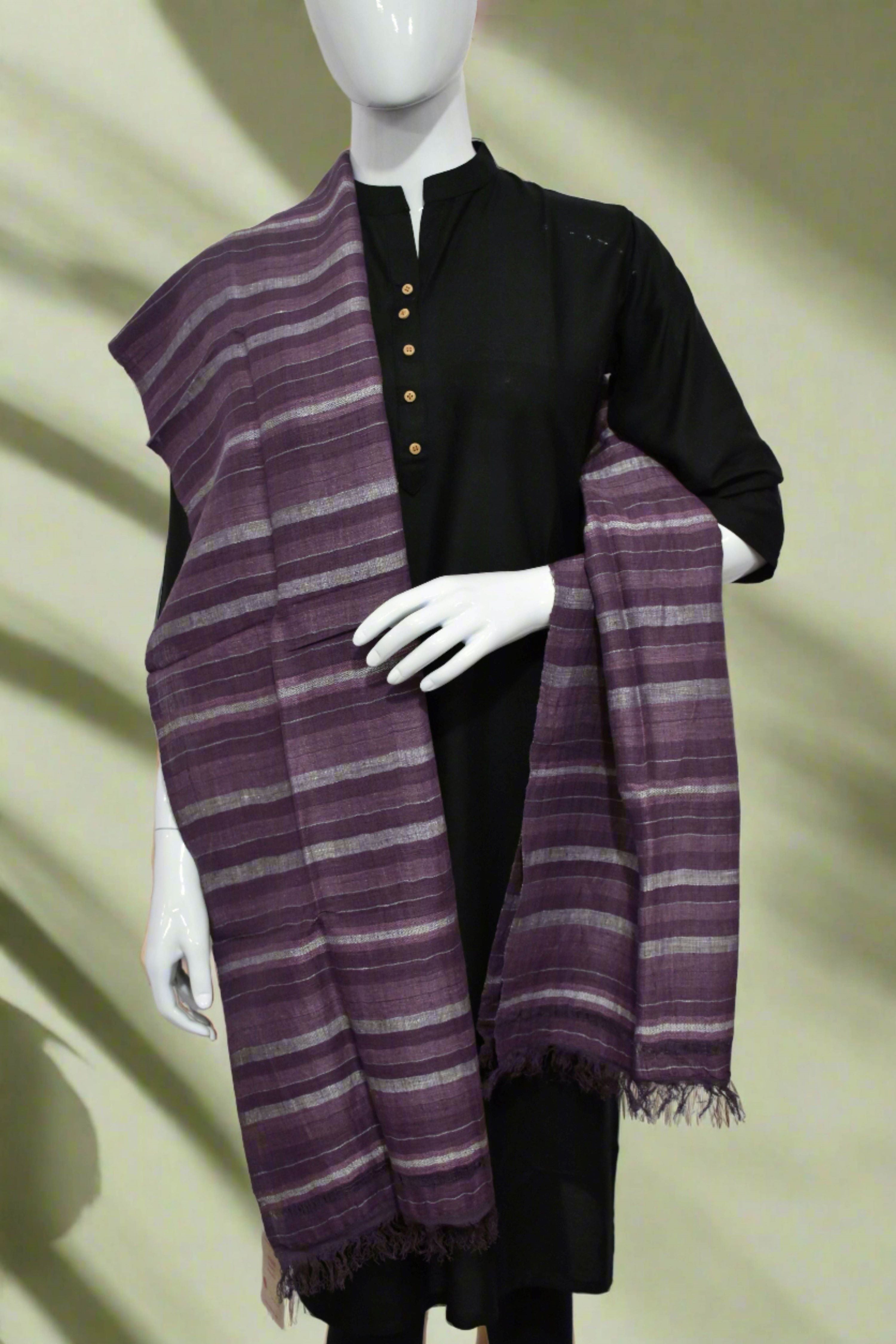 Plum stripes Linen & Eri Silk Stole | Violet with White stripes