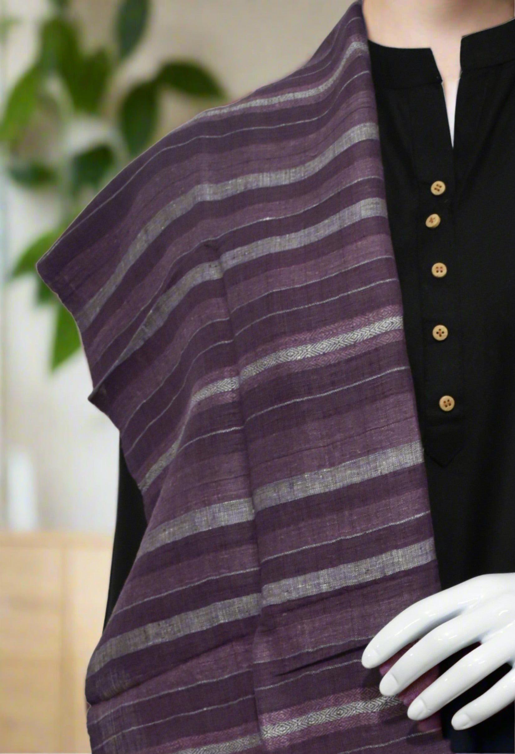 Plum stripes Linen & Eri Silk Stole | Violet with White stripes