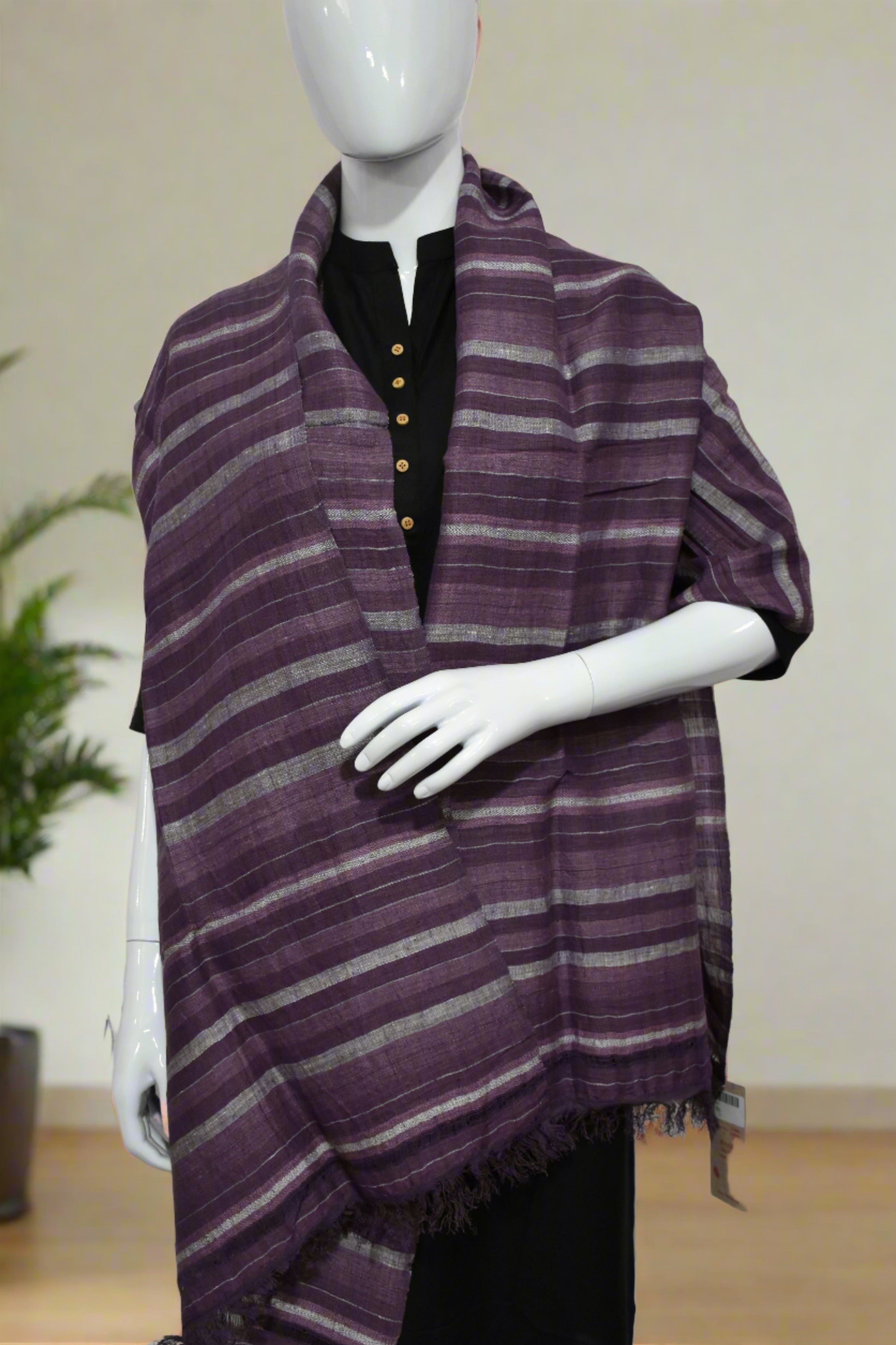 Plum stripes Linen & Eri Silk Stole | Violet with White stripes