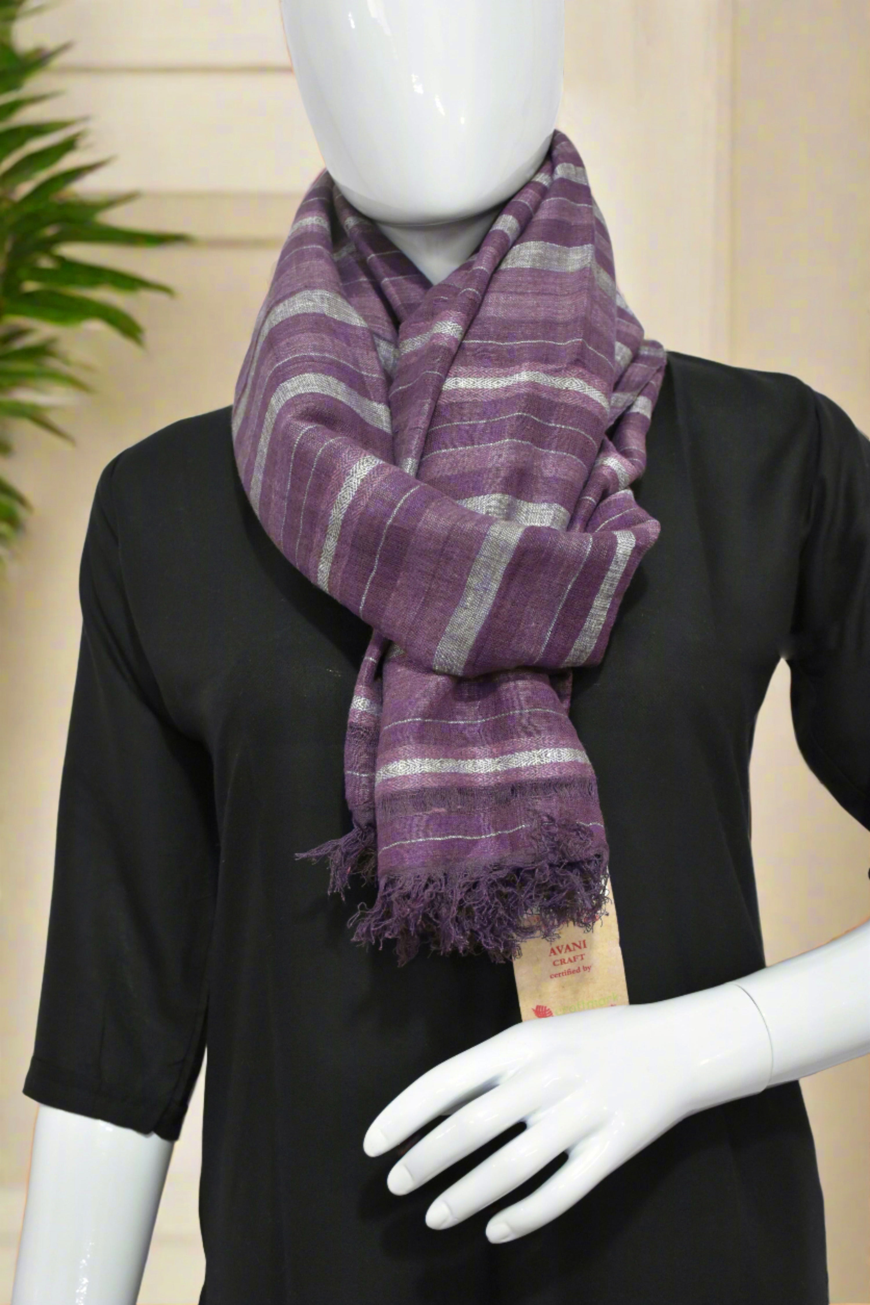 Plum stripes Linen & Eri Silk Stole | Violet with White stripes