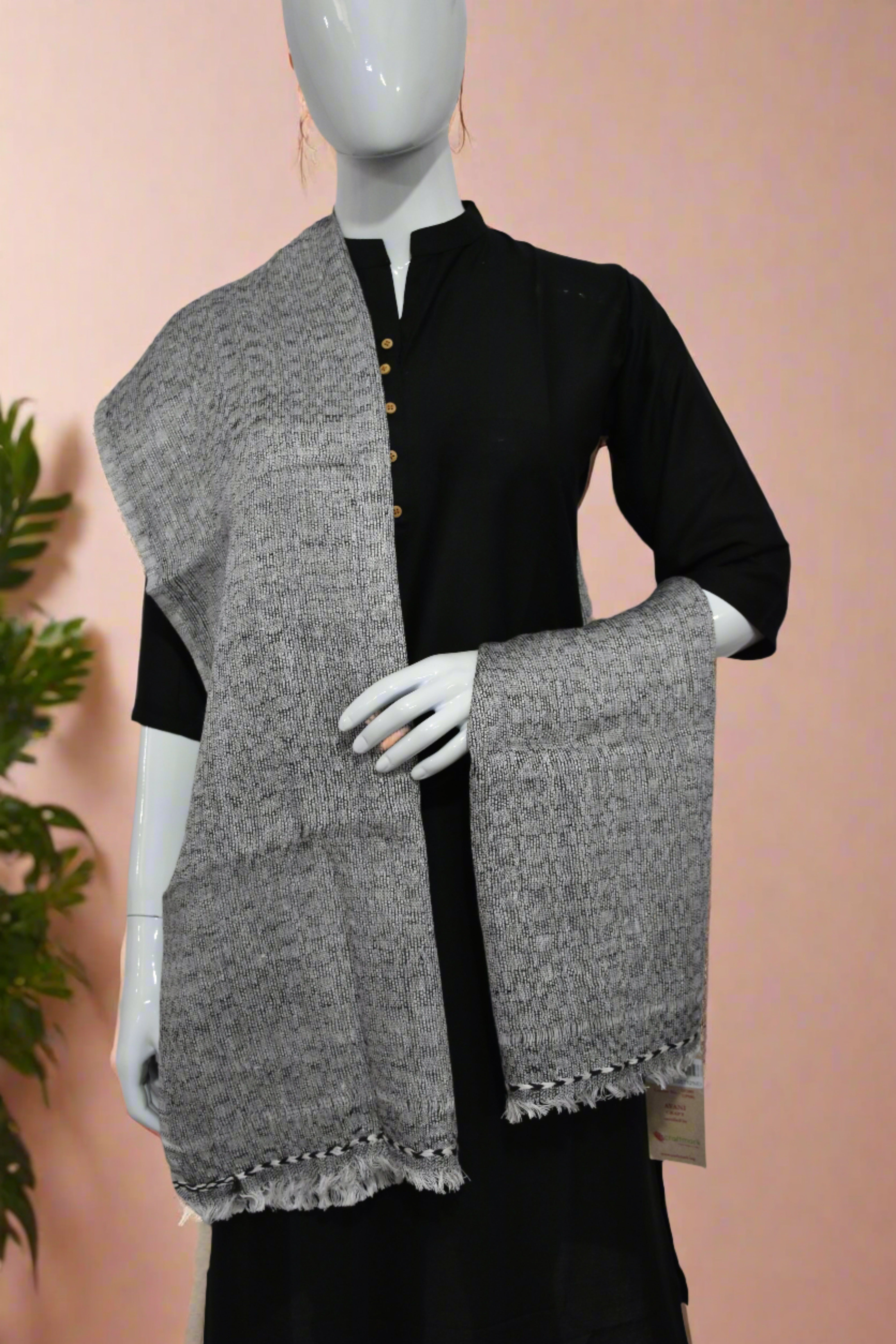 Smoky Squares Linen Stole | Black and White Self Textured