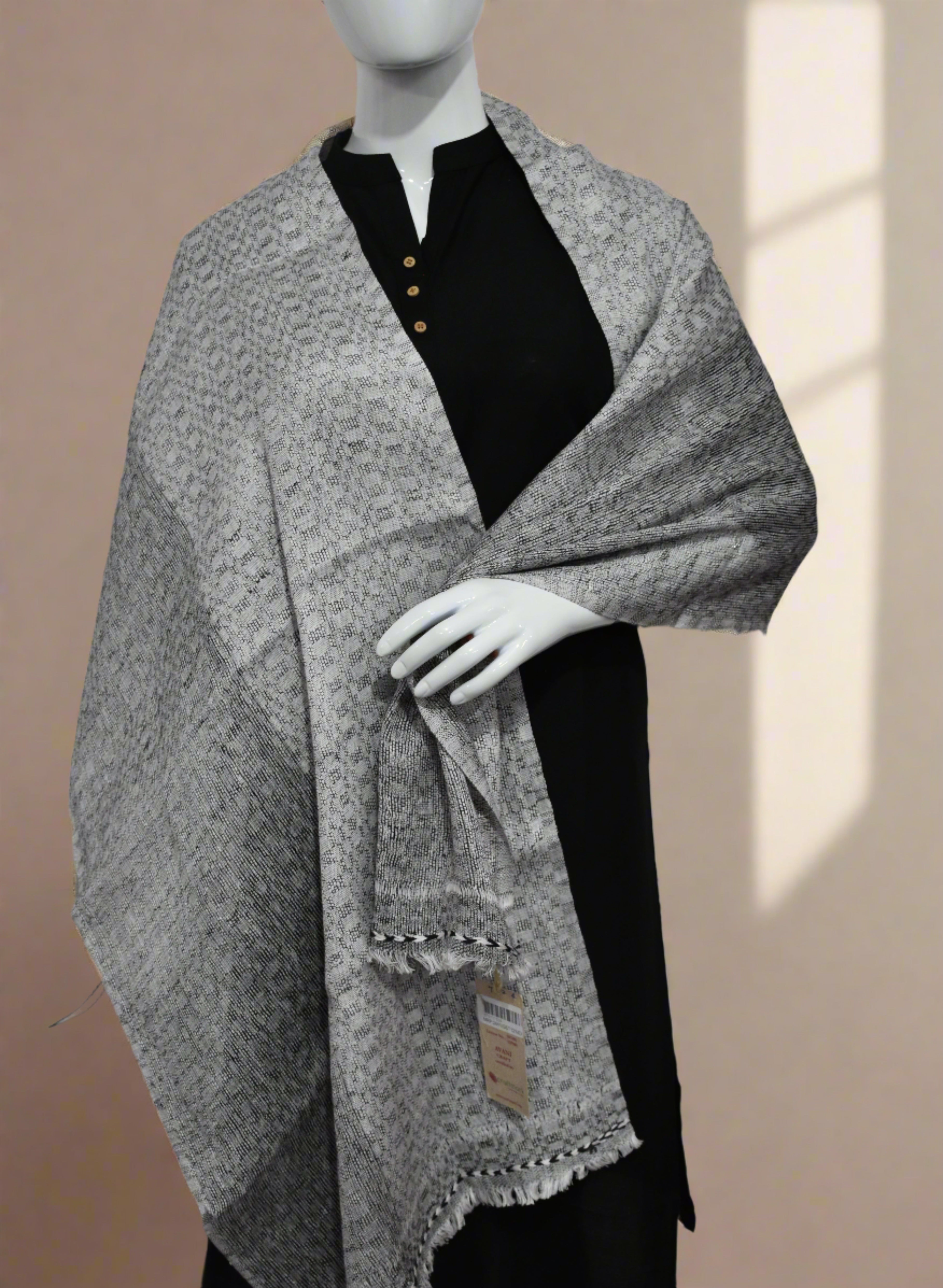 Smoky Squares Linen Stole | Black and White Self Textured