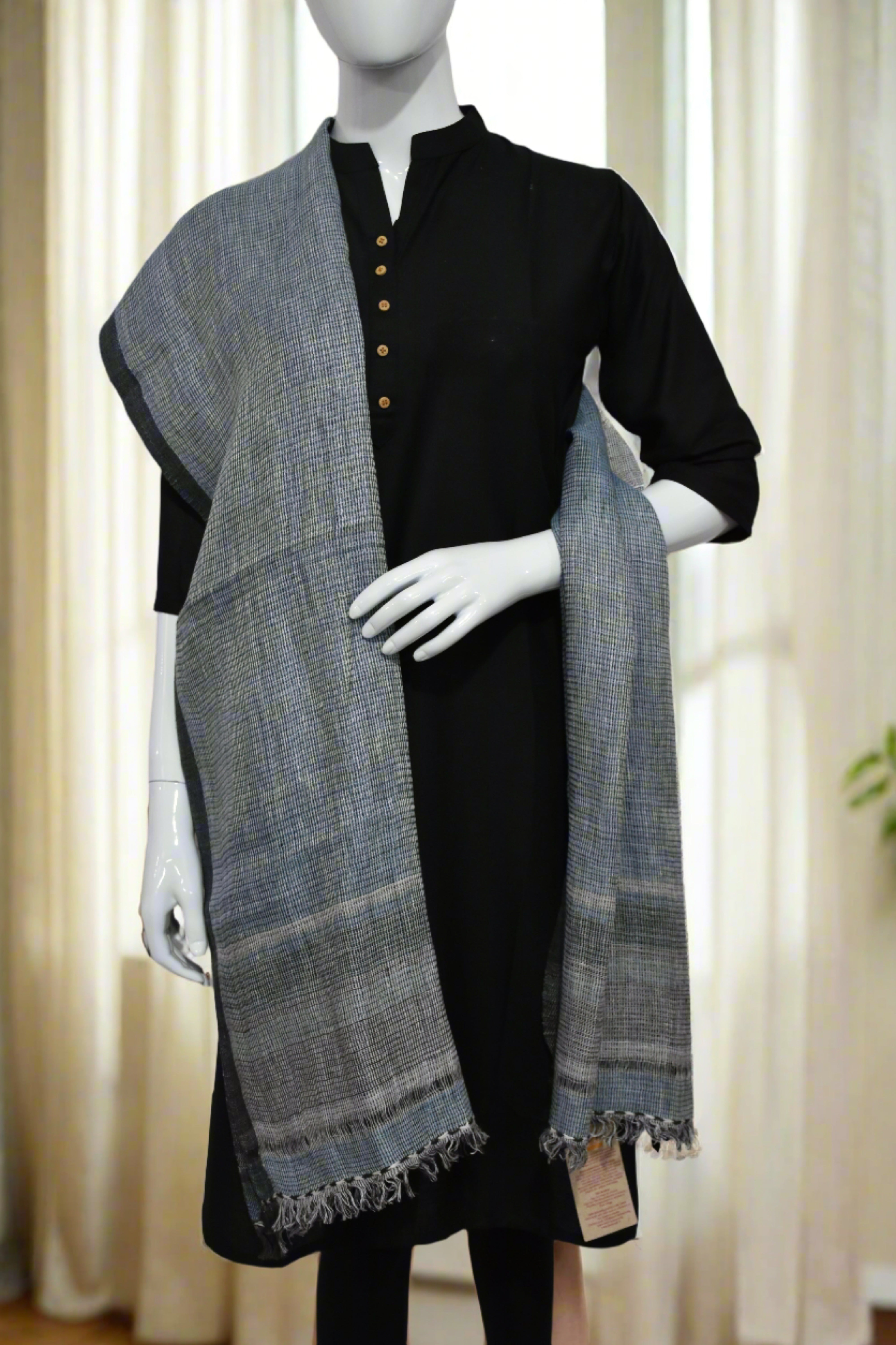 Graphite Grid Merino Wool Stole | Indgo with white Checks