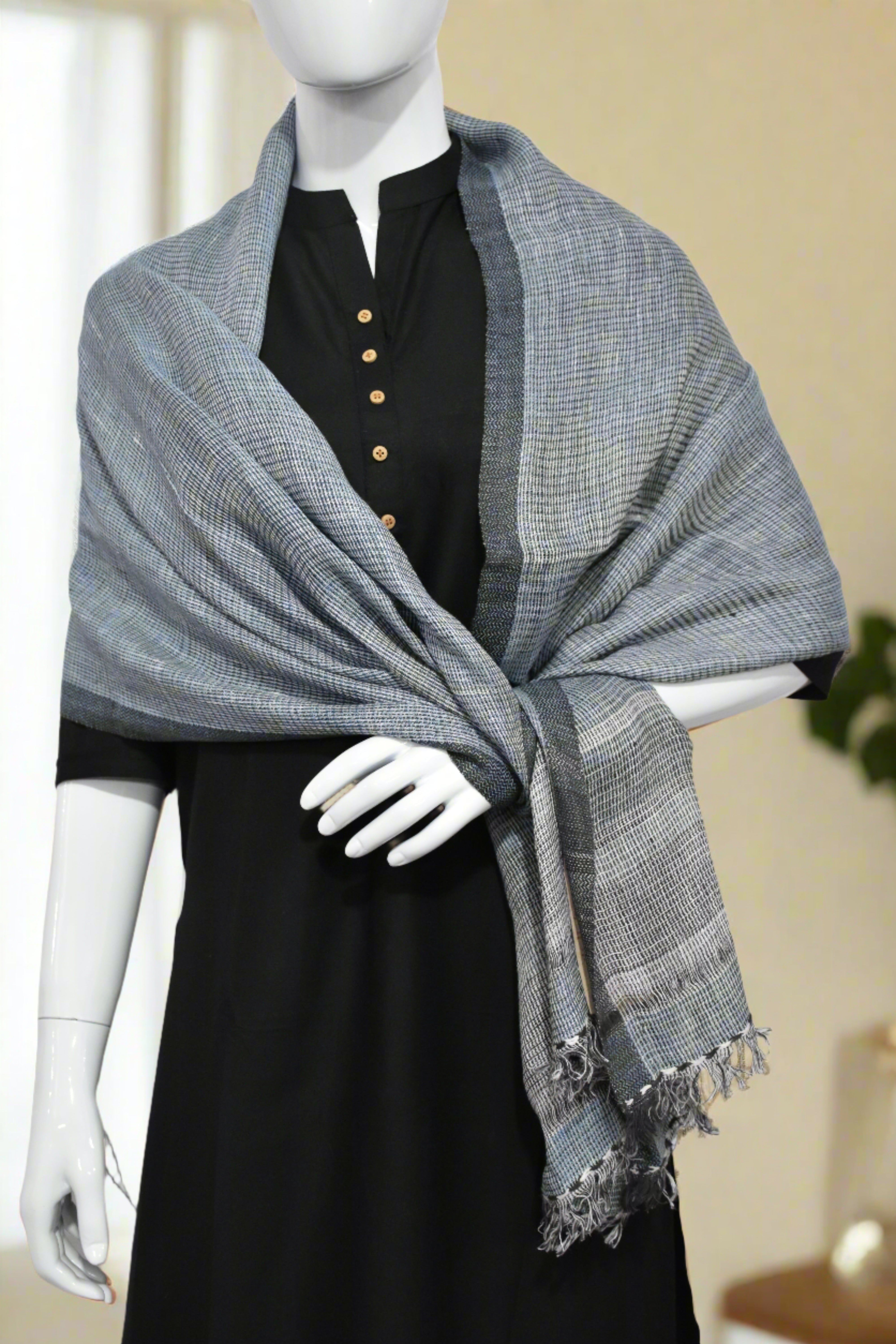 Graphite Grid Merino Wool Stole | Indgo with white Checks