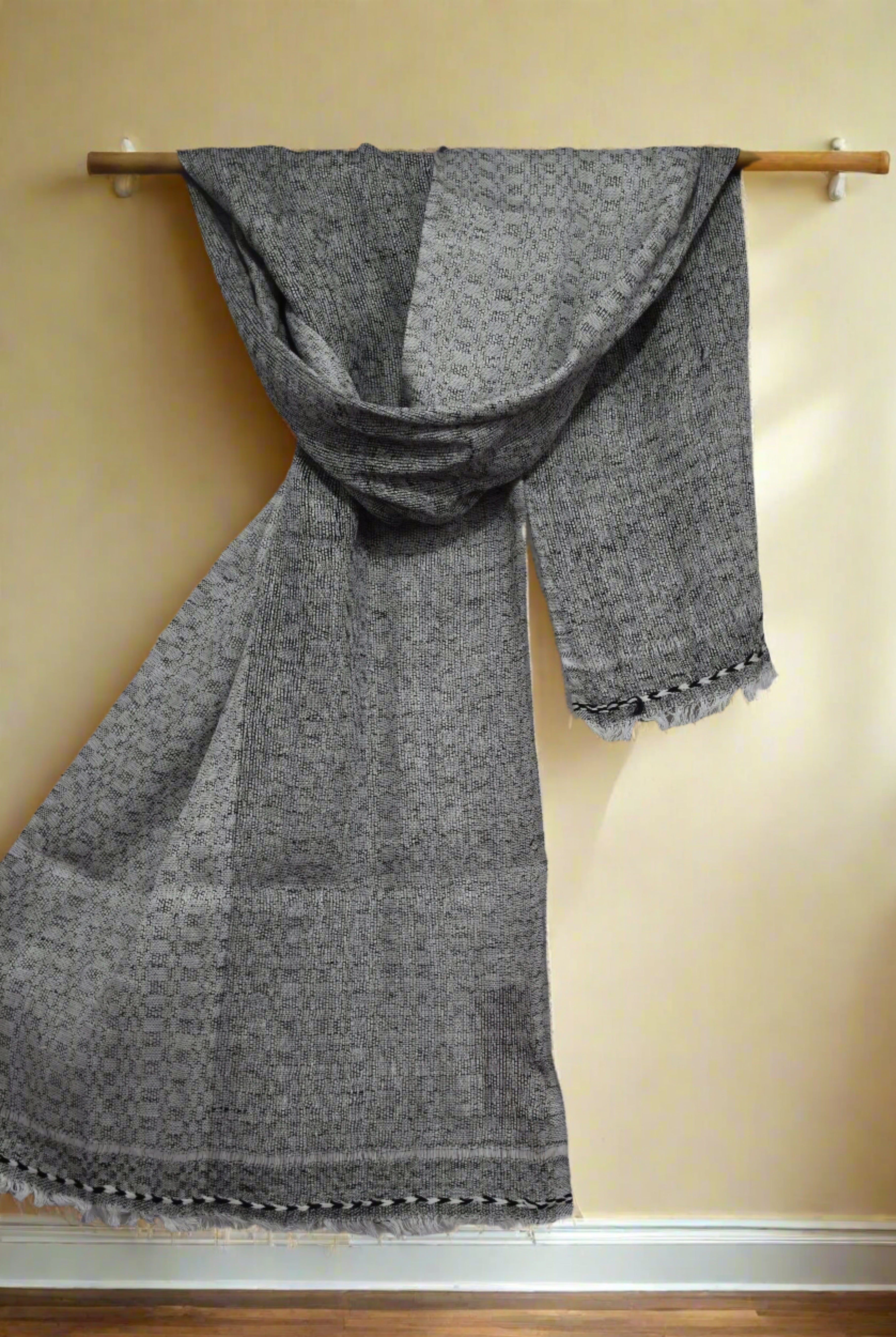 Smoky Squares Linen Stole | Black and White Self Textured