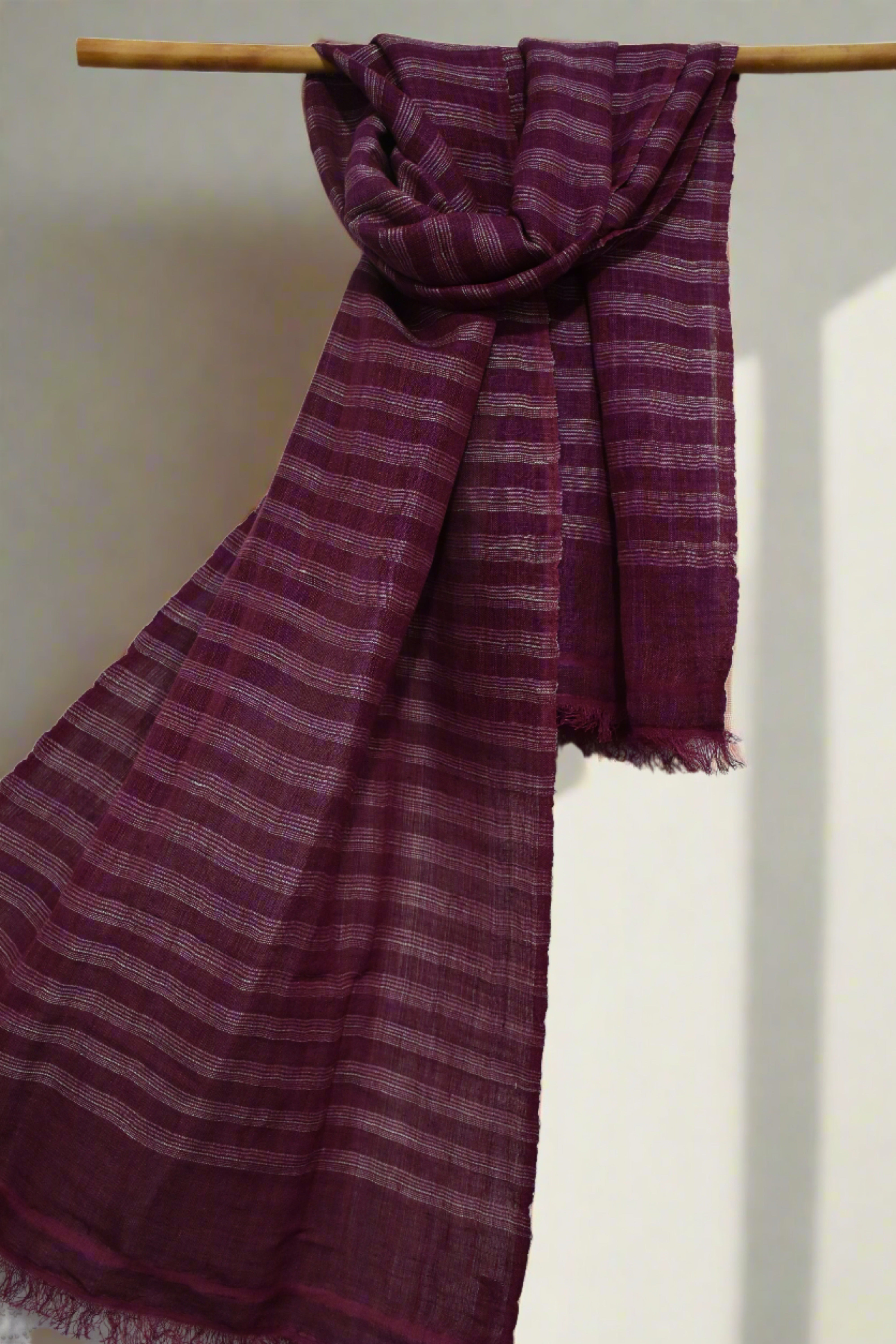 Straited Linen & Eri Silk Stole | Berry Crush with White pinstripes