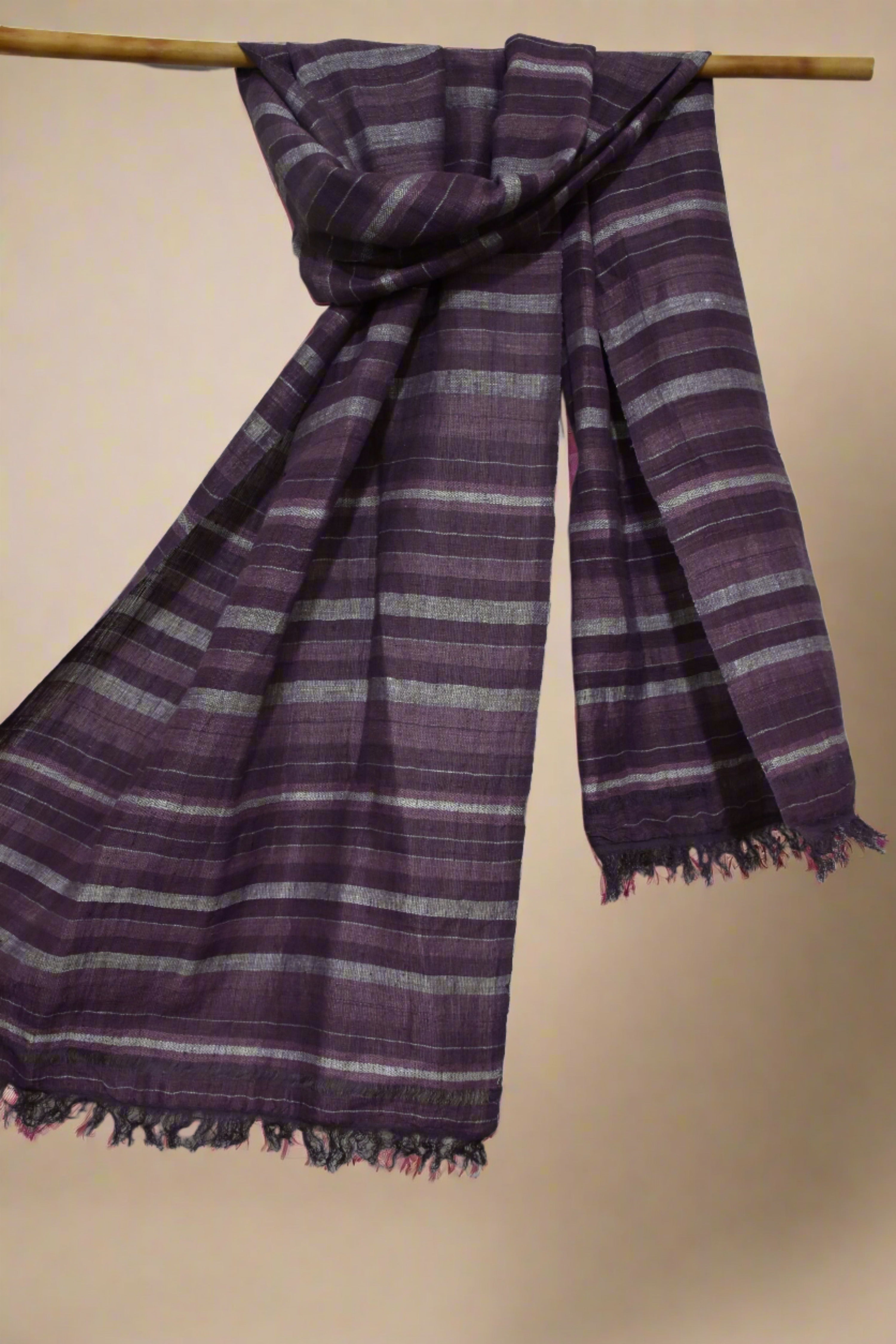 Plum stripes Linen & Eri Silk Stole | Violet with White stripes