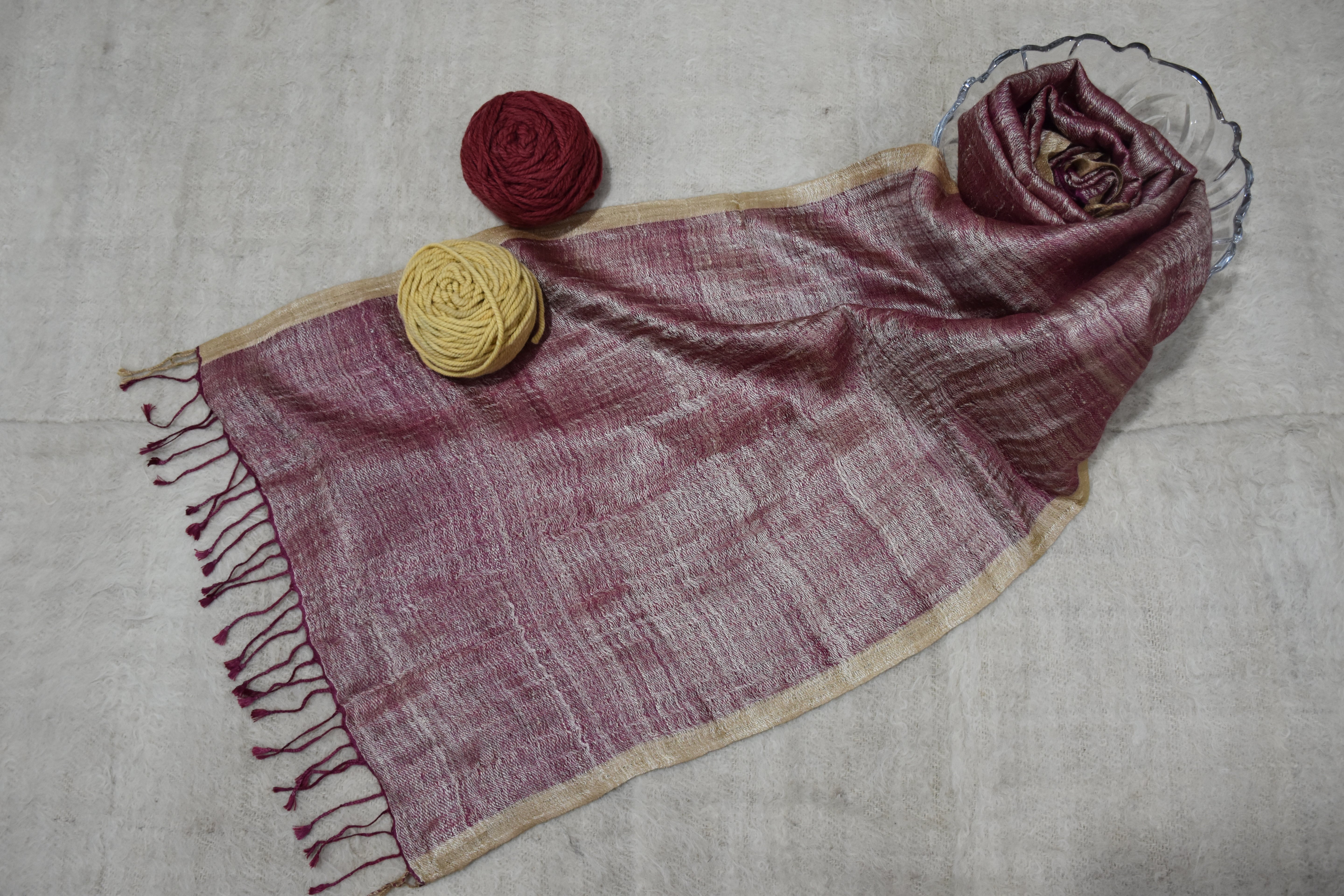 Shimmer Eri-Muga Silk Stole | Raspberry with Gold border