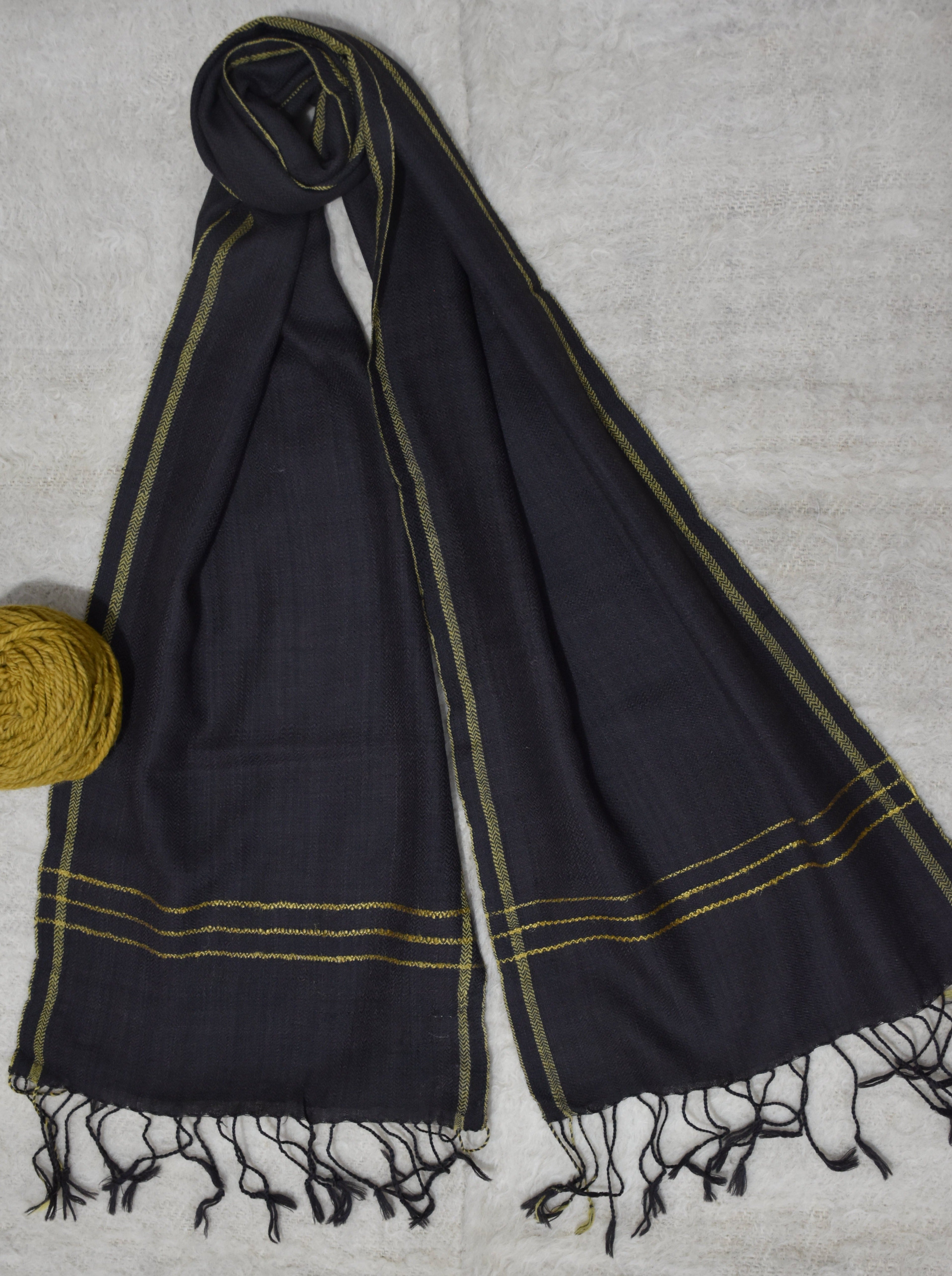 Pure Wool Scarf | Black with Yellow Border