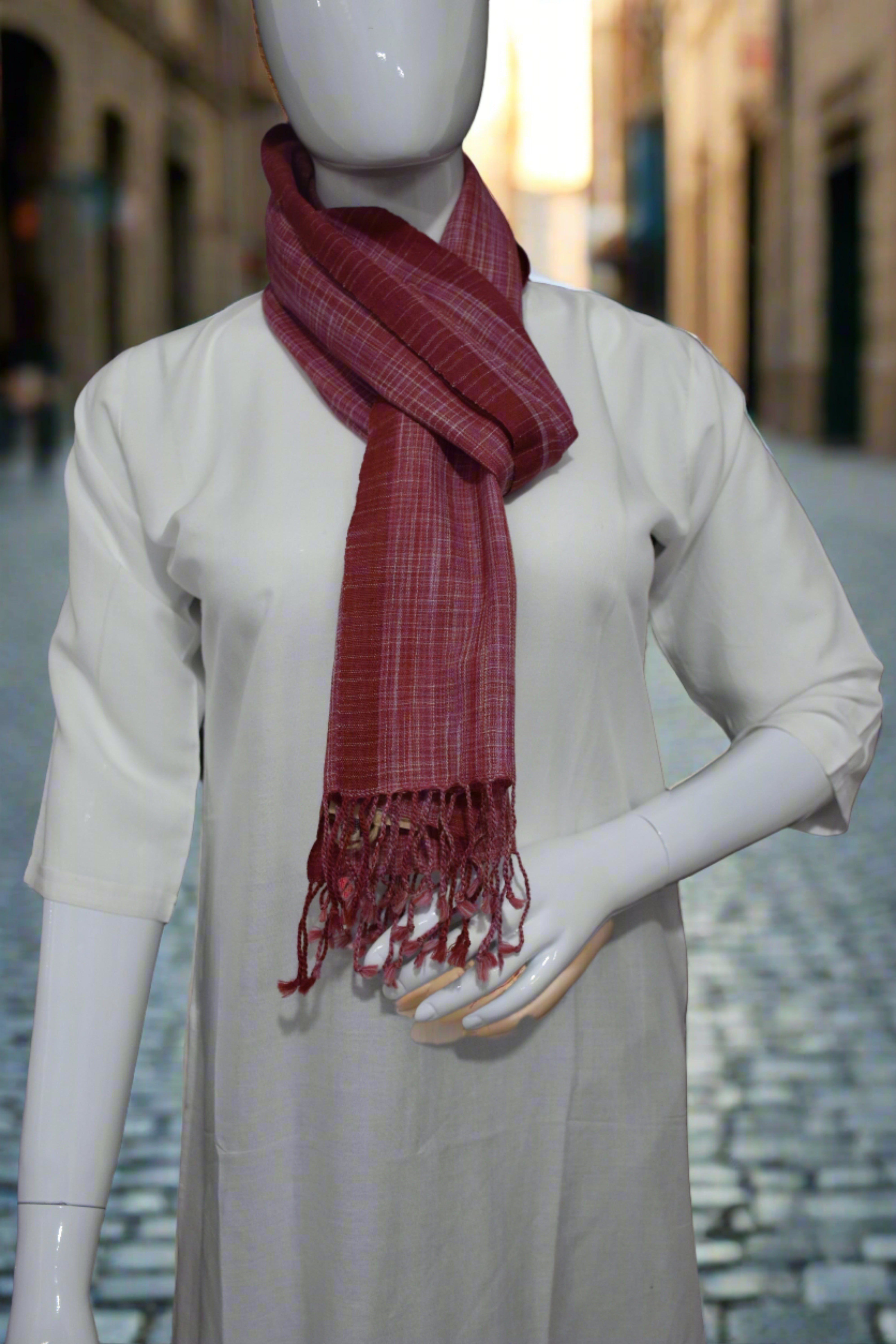 Crimson Grid Merino Wool Scarf | Red checkered stole with Border